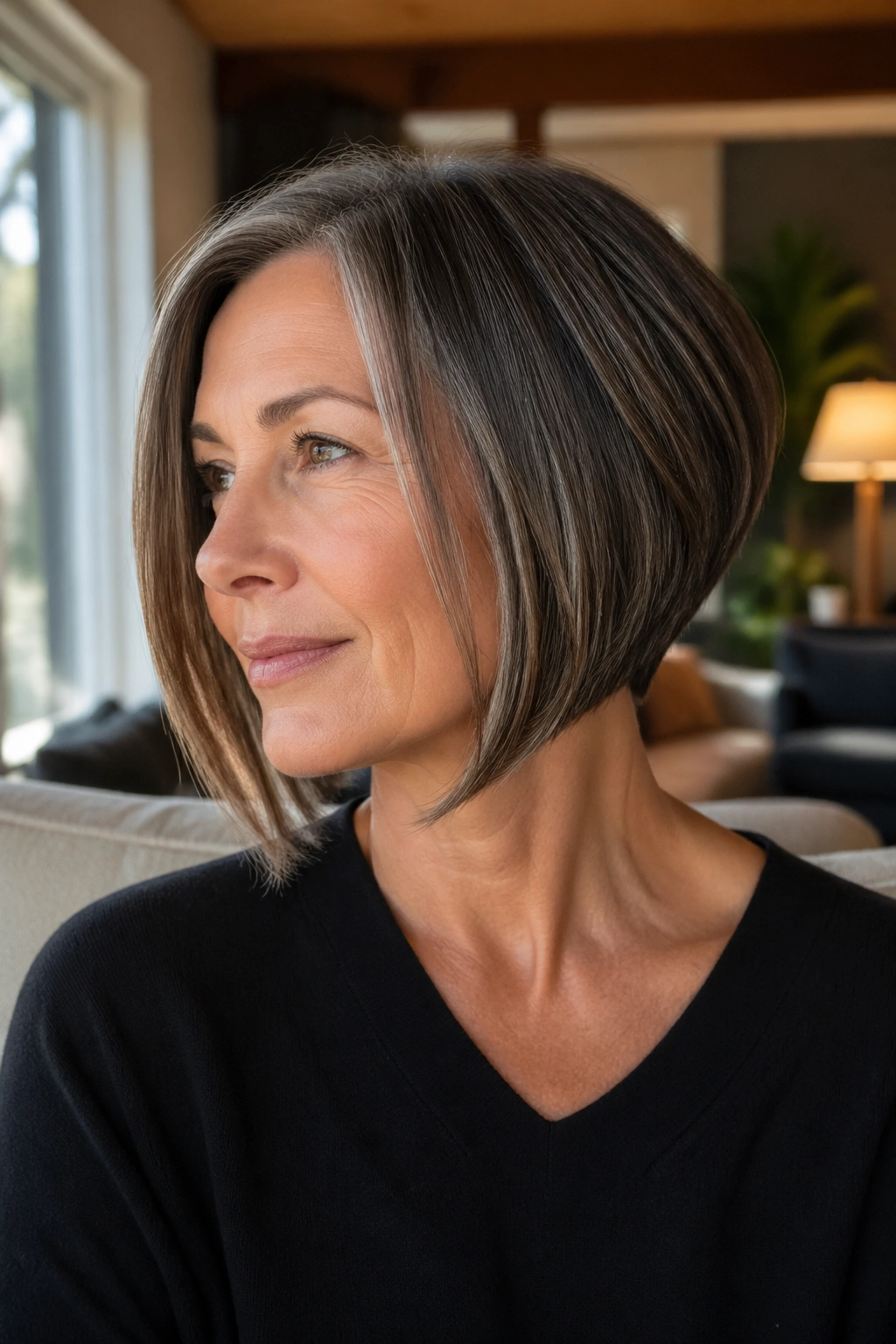 Close-up portrait of a woman wearing an A-line bob with longer front pieces in natural light.