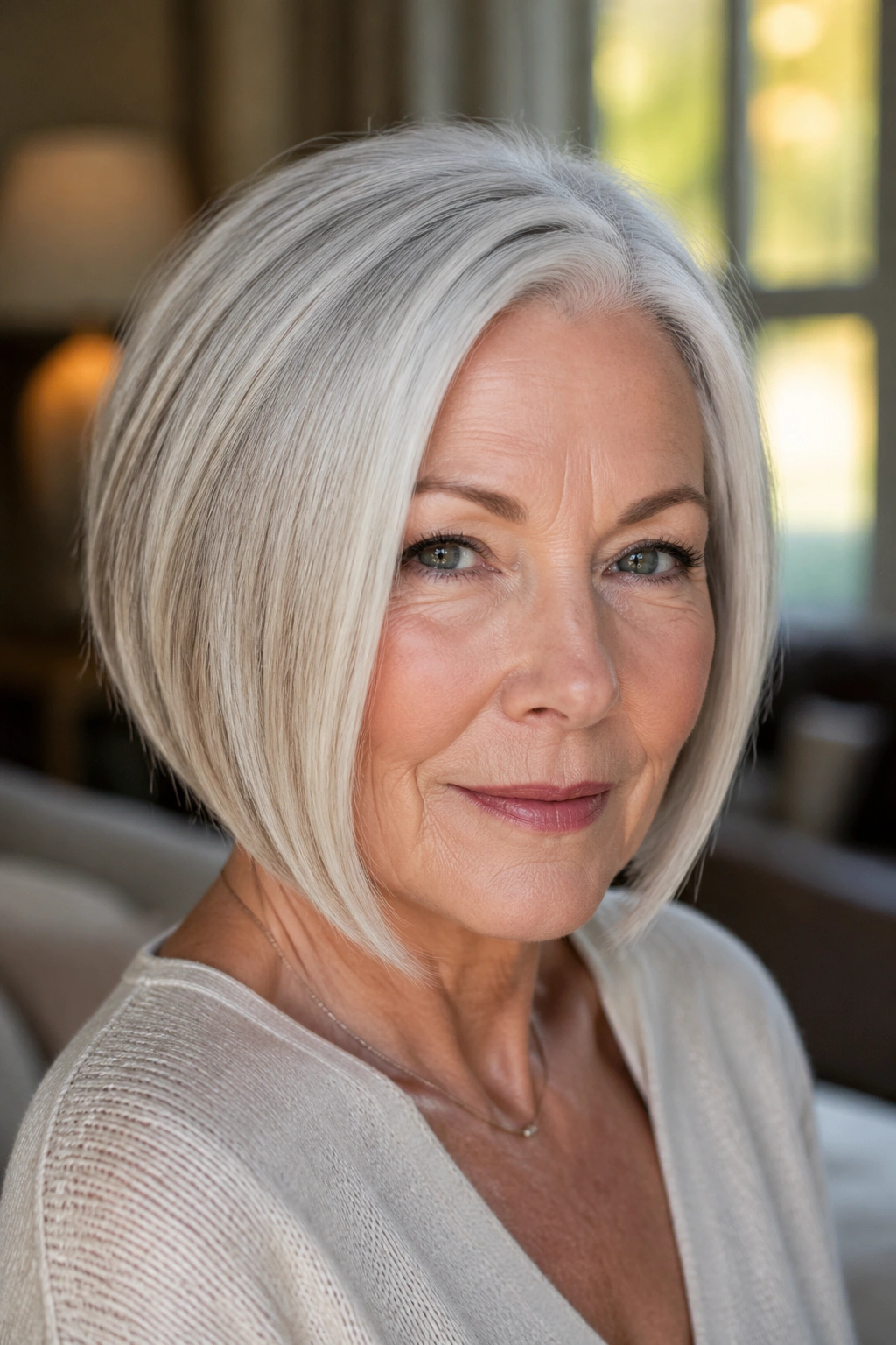 Close-up portrait of an older woman with an A-Line Bob jaw-framing front, window light