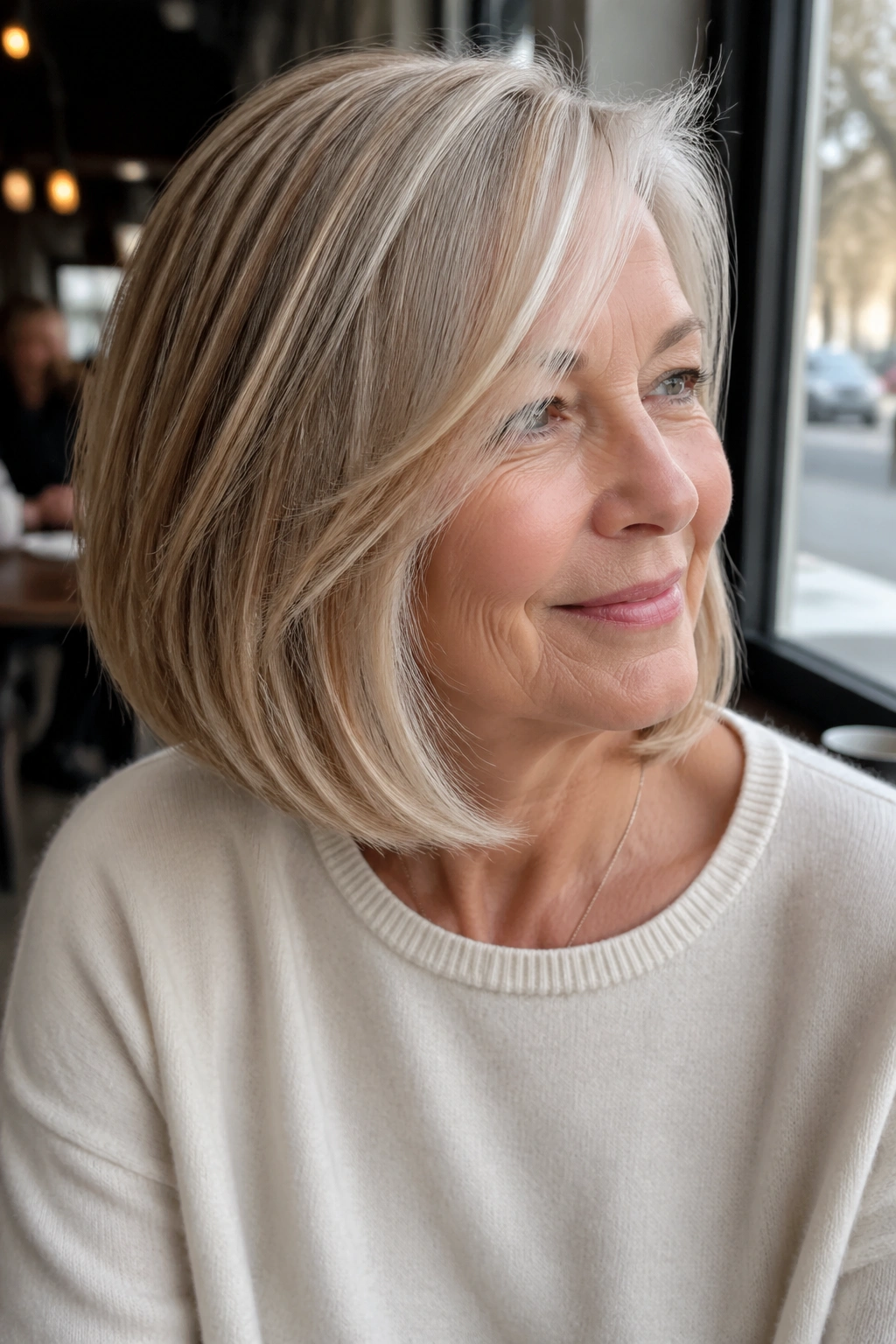 Close-up of a real woman with an A-line shoulder cut and forward sweep