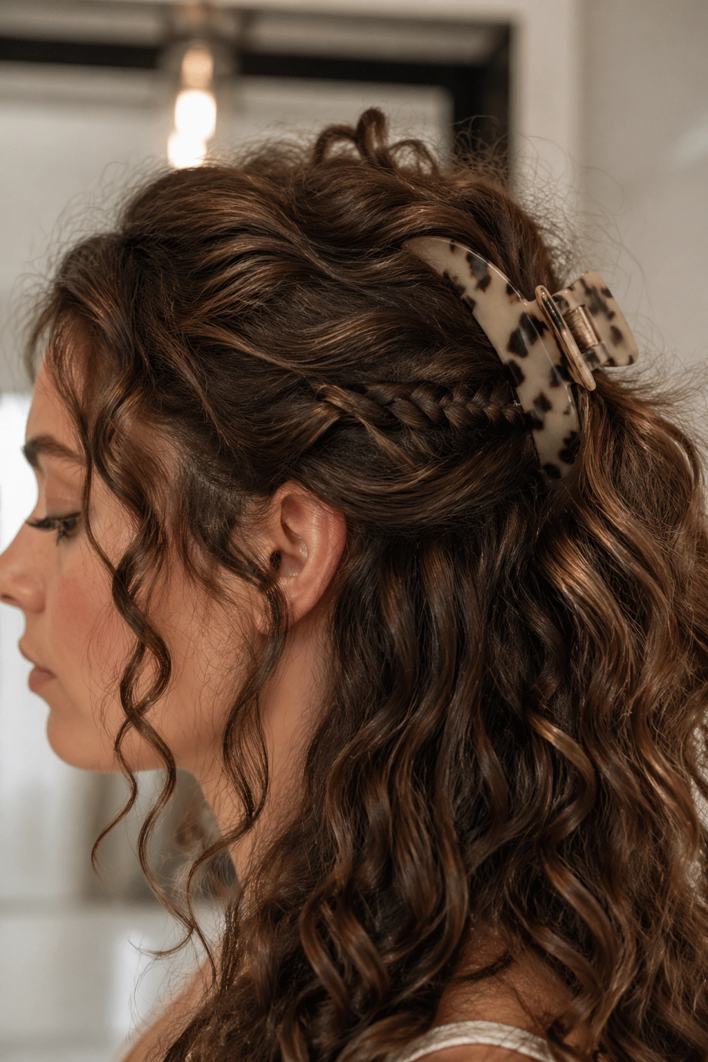 Close-up of a real woman with a tiny accent braid tucked under a claw clip.