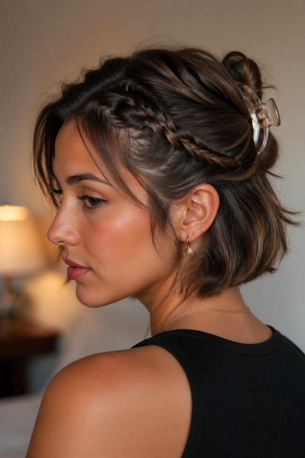 Close-up of an accent braid with a claw clip on short hair