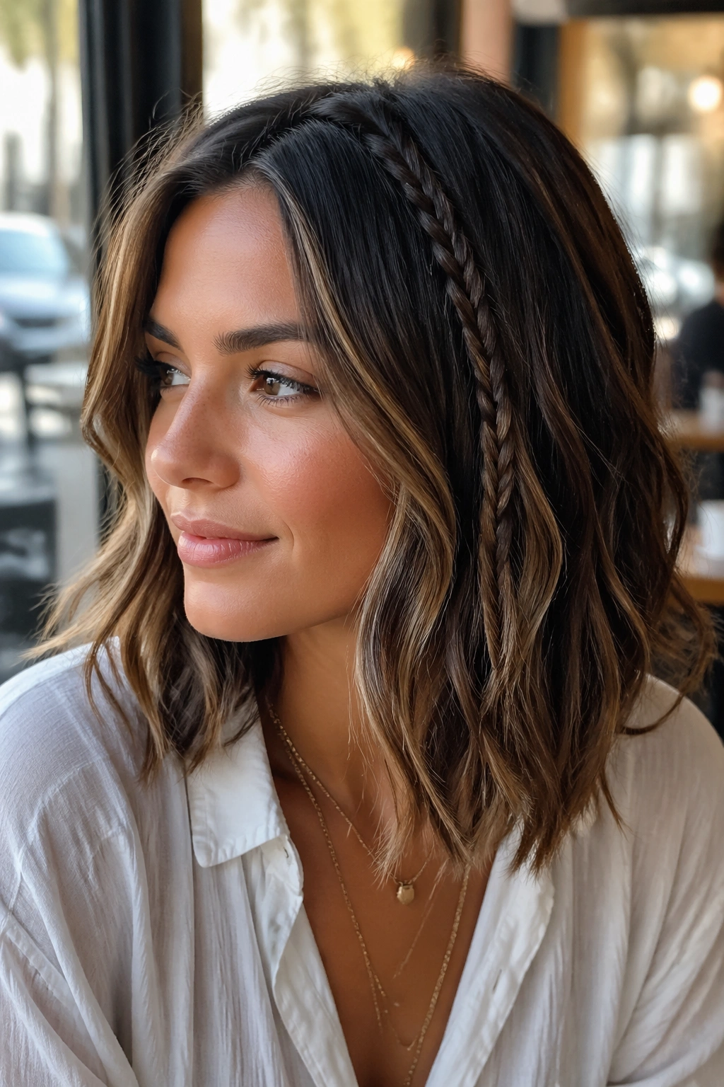 Close-up of a real woman with an accent braid at the hairline blending into loose waves