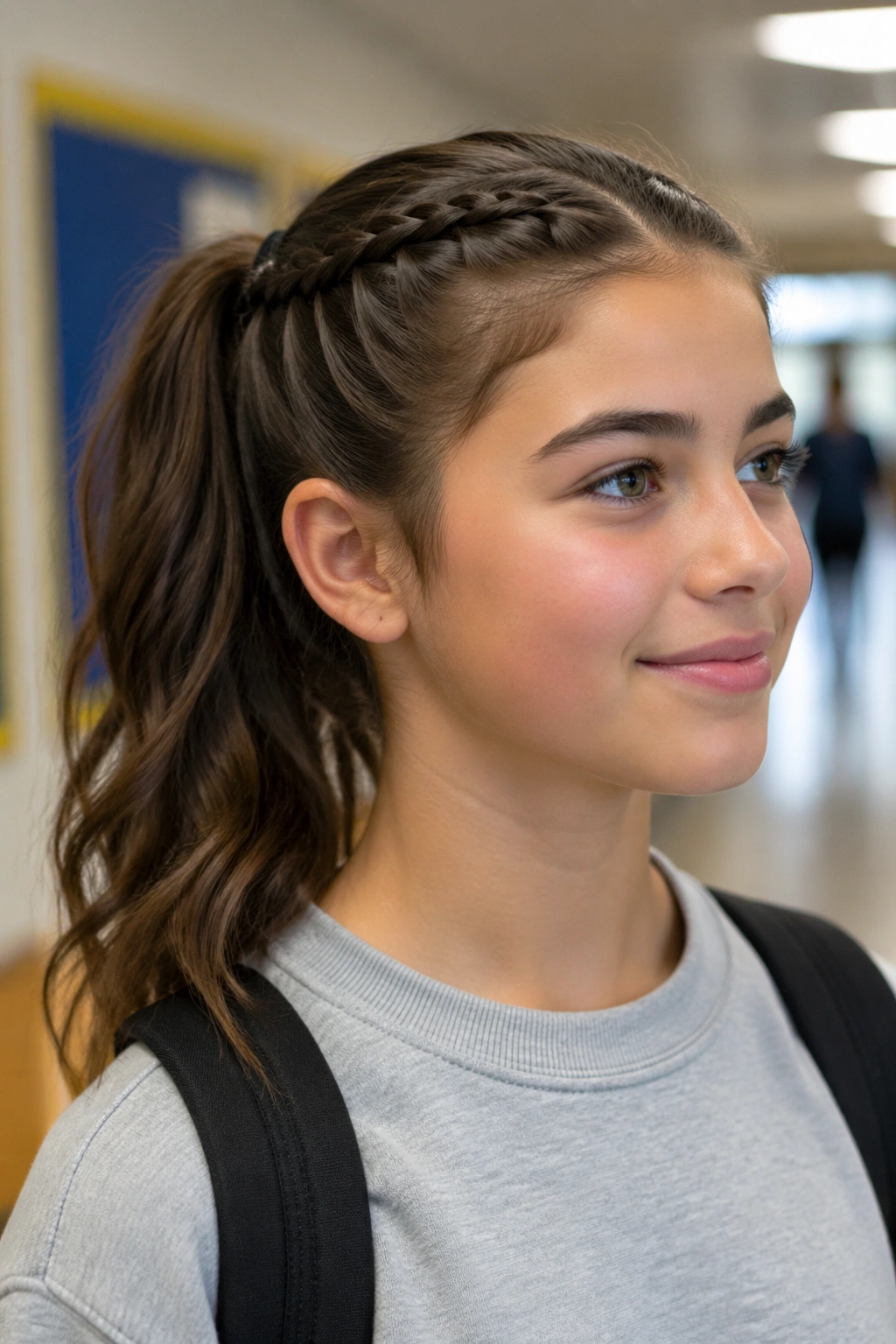 Close-up of a person with an accent braid feeding into a ponytail
