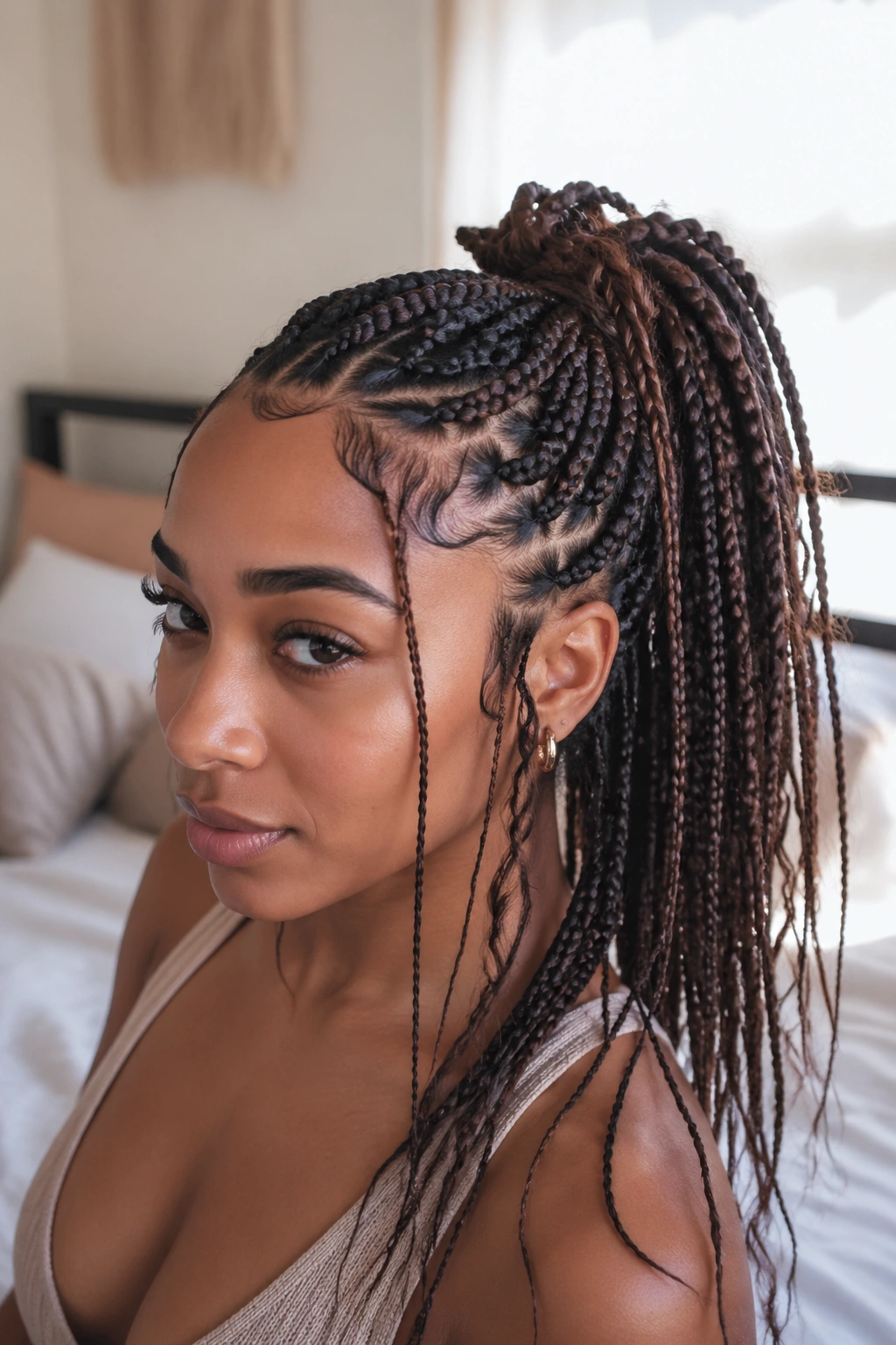 Close-up of a real woman with an accent-braid ponytail featuring thin mixed-in plaits in a boho box braid style.