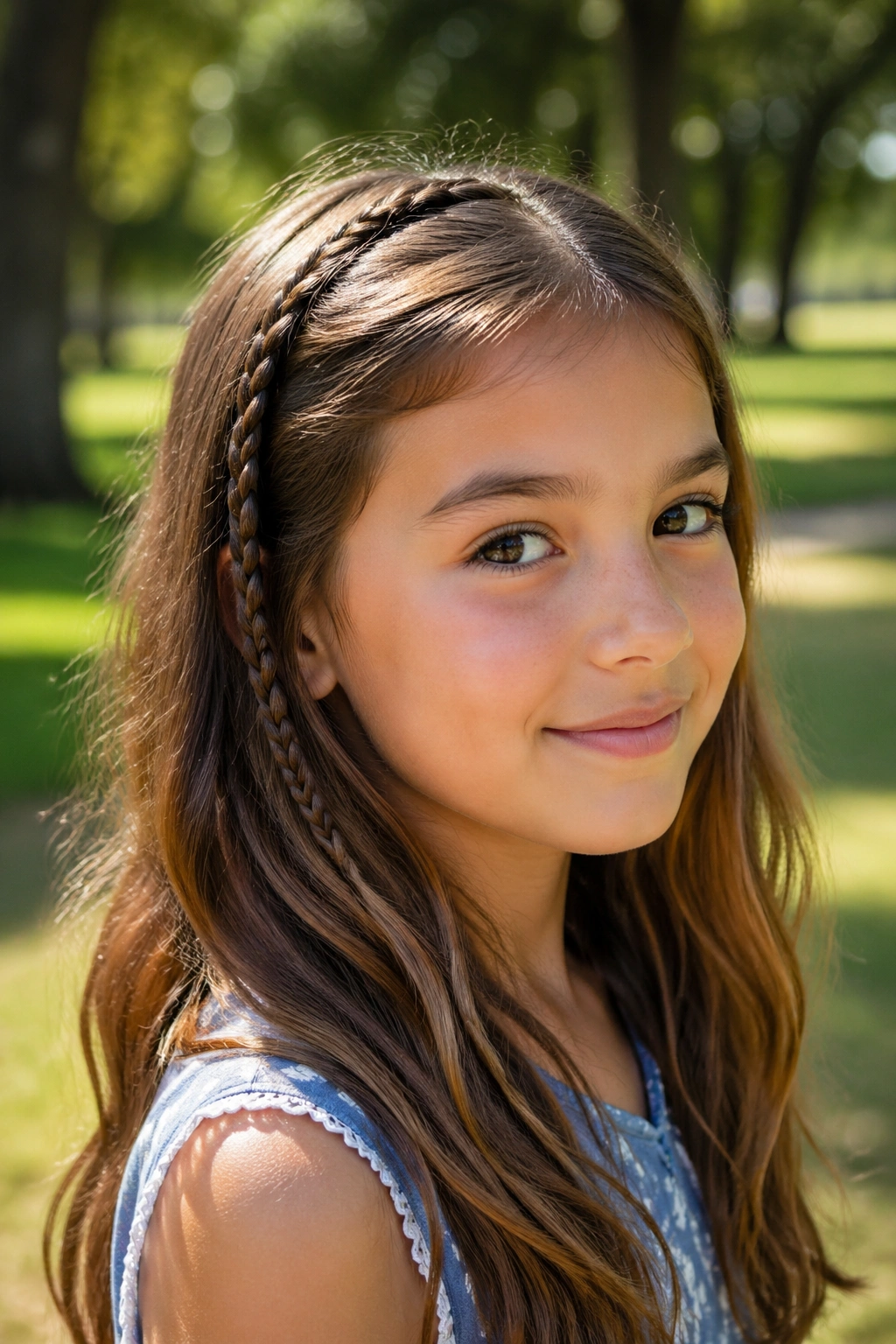 Close-up portrait of a girl with an accent braid and loose hair