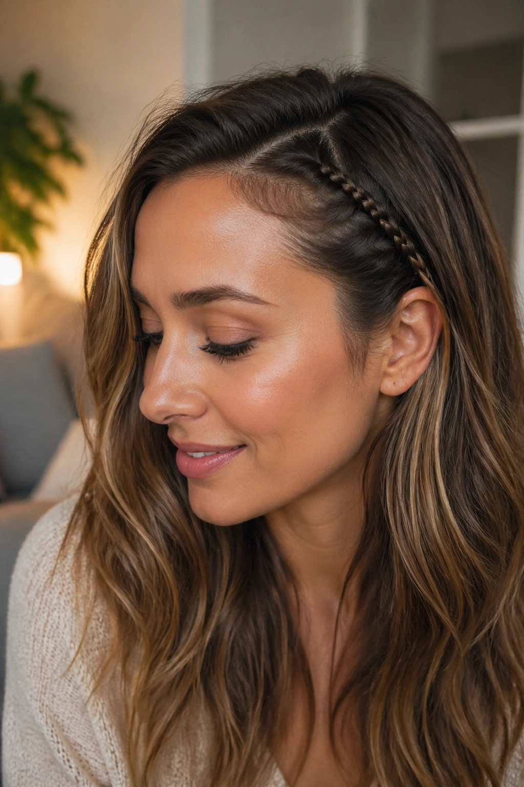 Real woman with small accent braid at temple