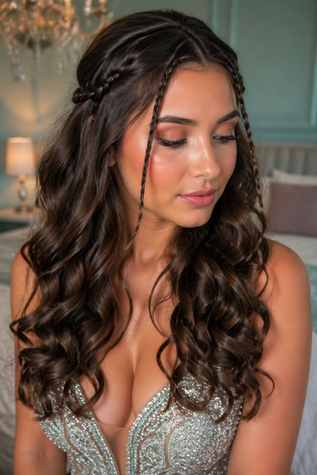 Close-up of two accent braids near temples with loose curls on a real woman