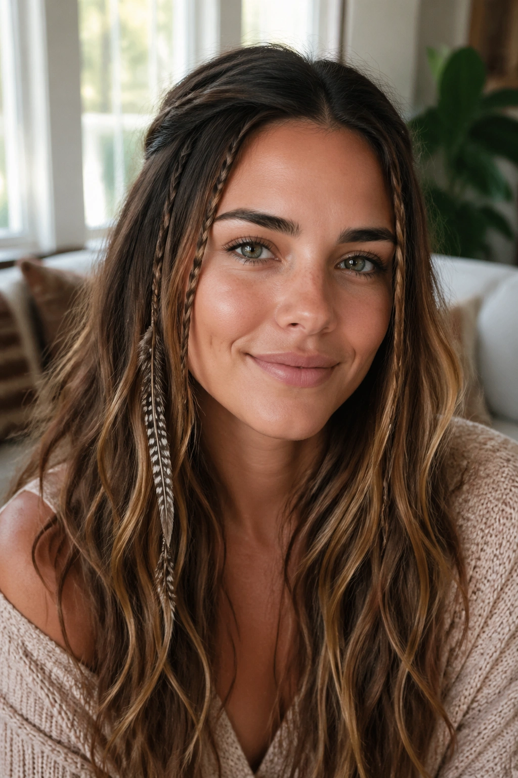 Close-up of a real woman with small accent feather braids near the temples