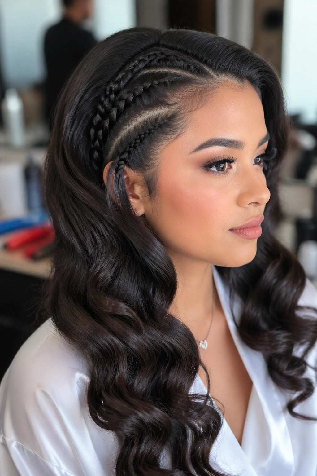 Close-up of accent braids woven into Hollywood waves on real woman