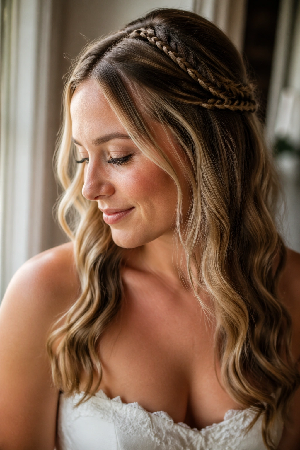 Close-up of a bride with accent braids woven into soft waves