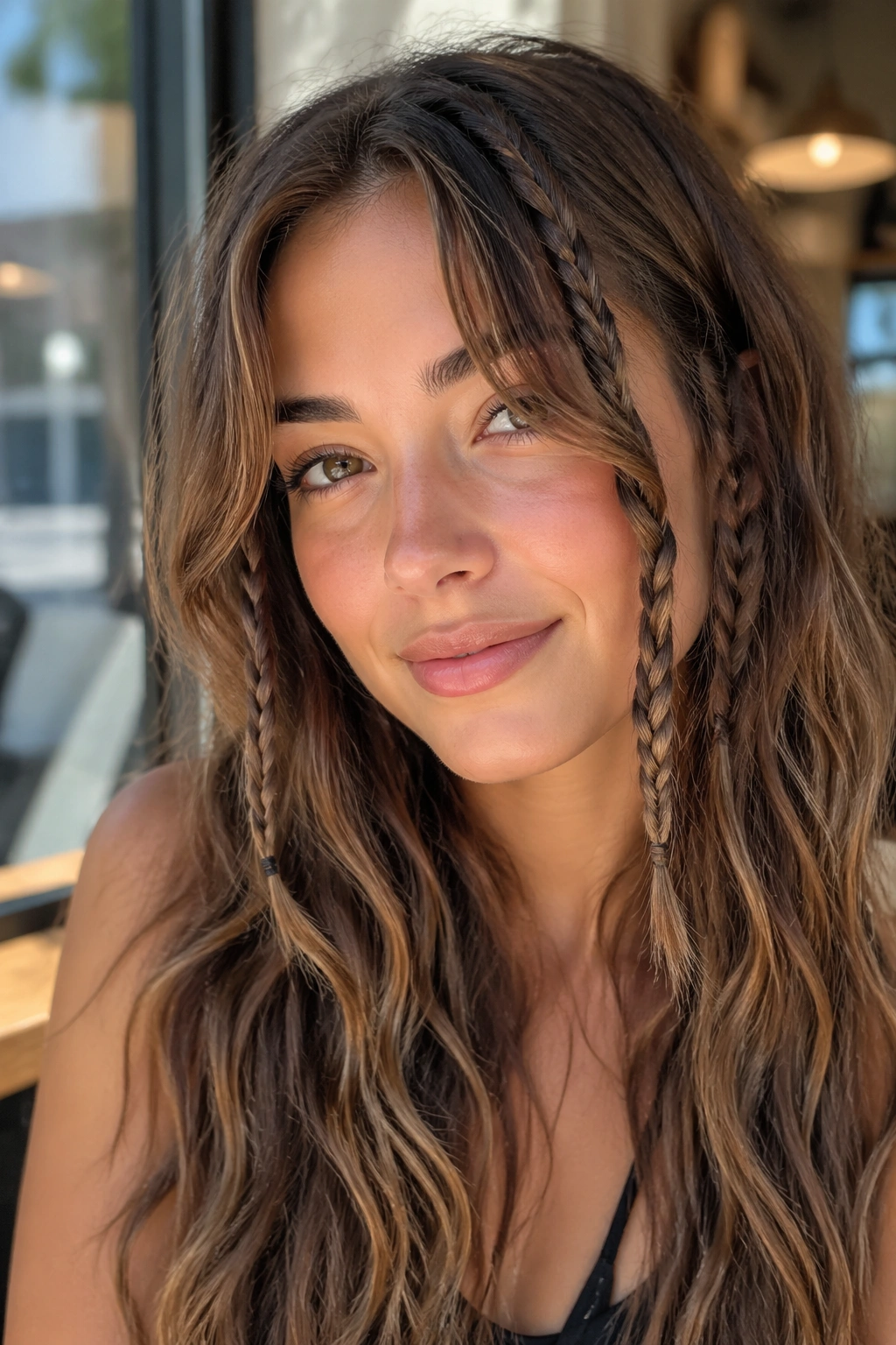 Close-up of a real woman with two front accent braids blending into loose waves in warm cafe light.