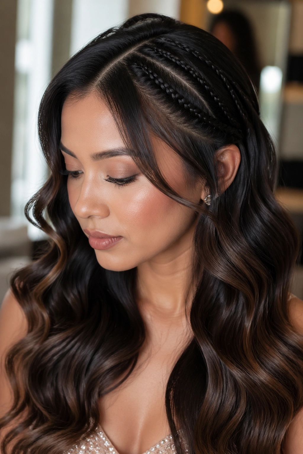 Close-up of a real woman with accent braids tucked into polished waves