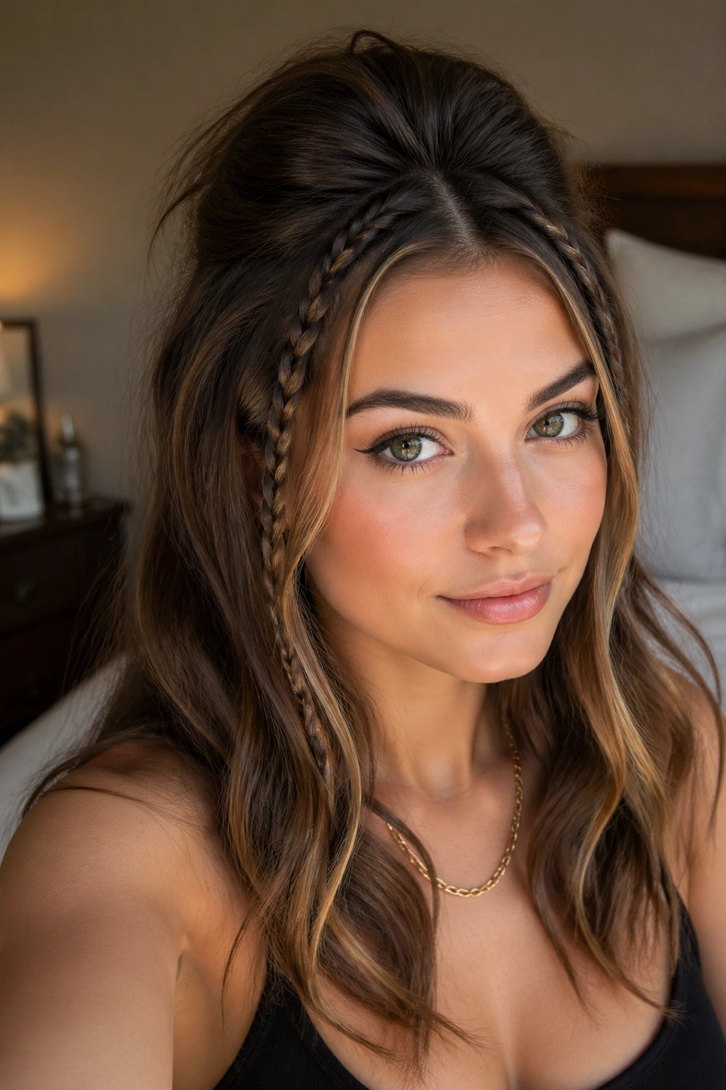 Close-up of real person with two small accent braids at temples and teased roots