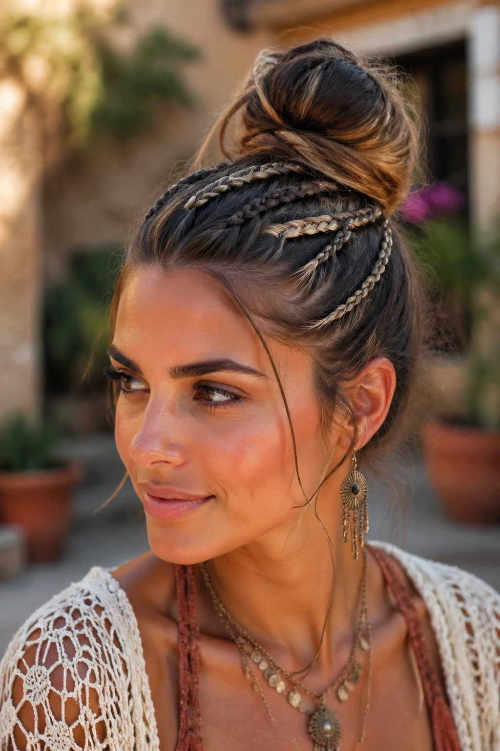Close-up of accent braids woven into a top knot on a real woman outdoors