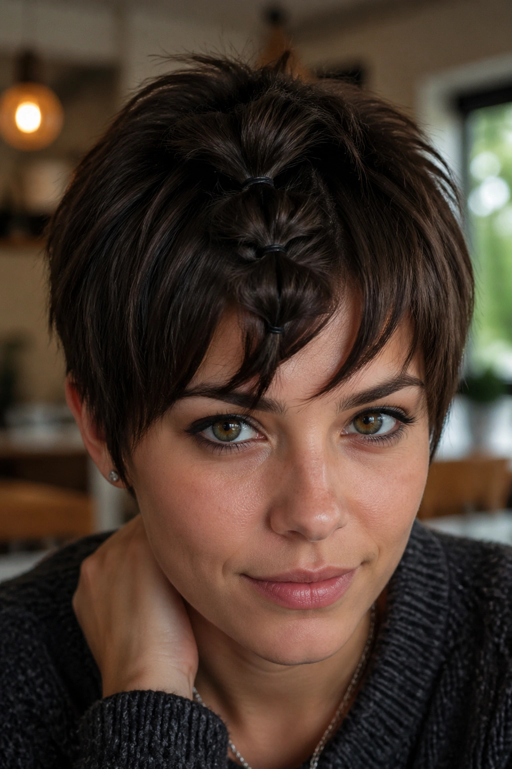 Close-up of a real person with an accent bubble in the fringe