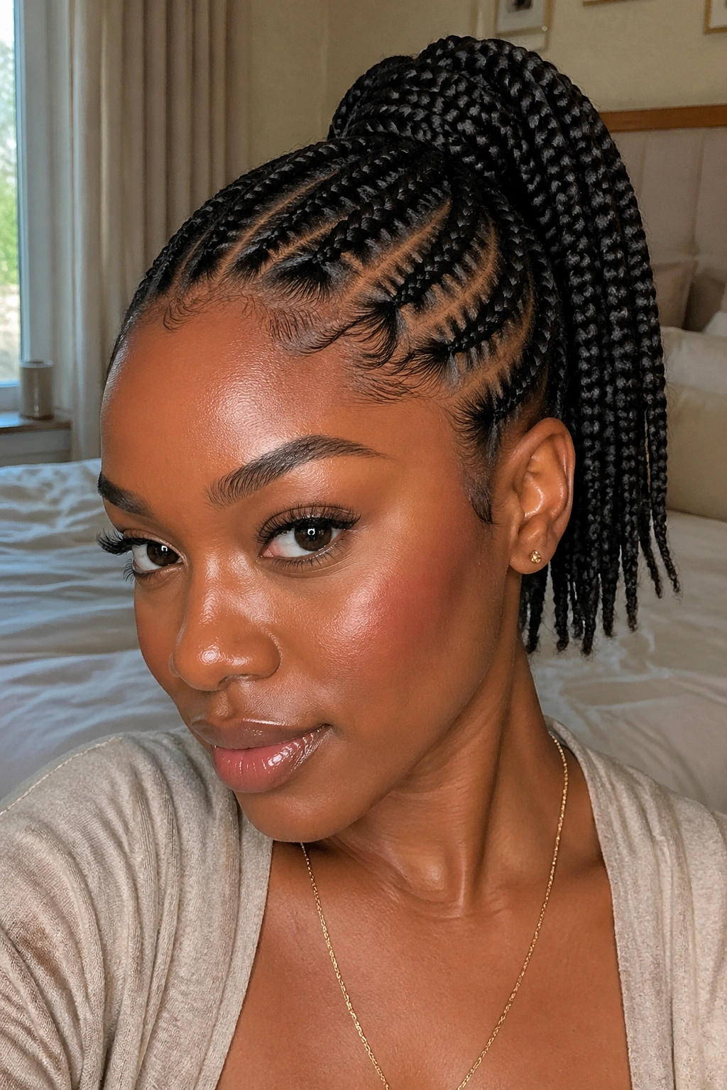 Close-up of a real woman with accent cornrows leading into a ponytail.