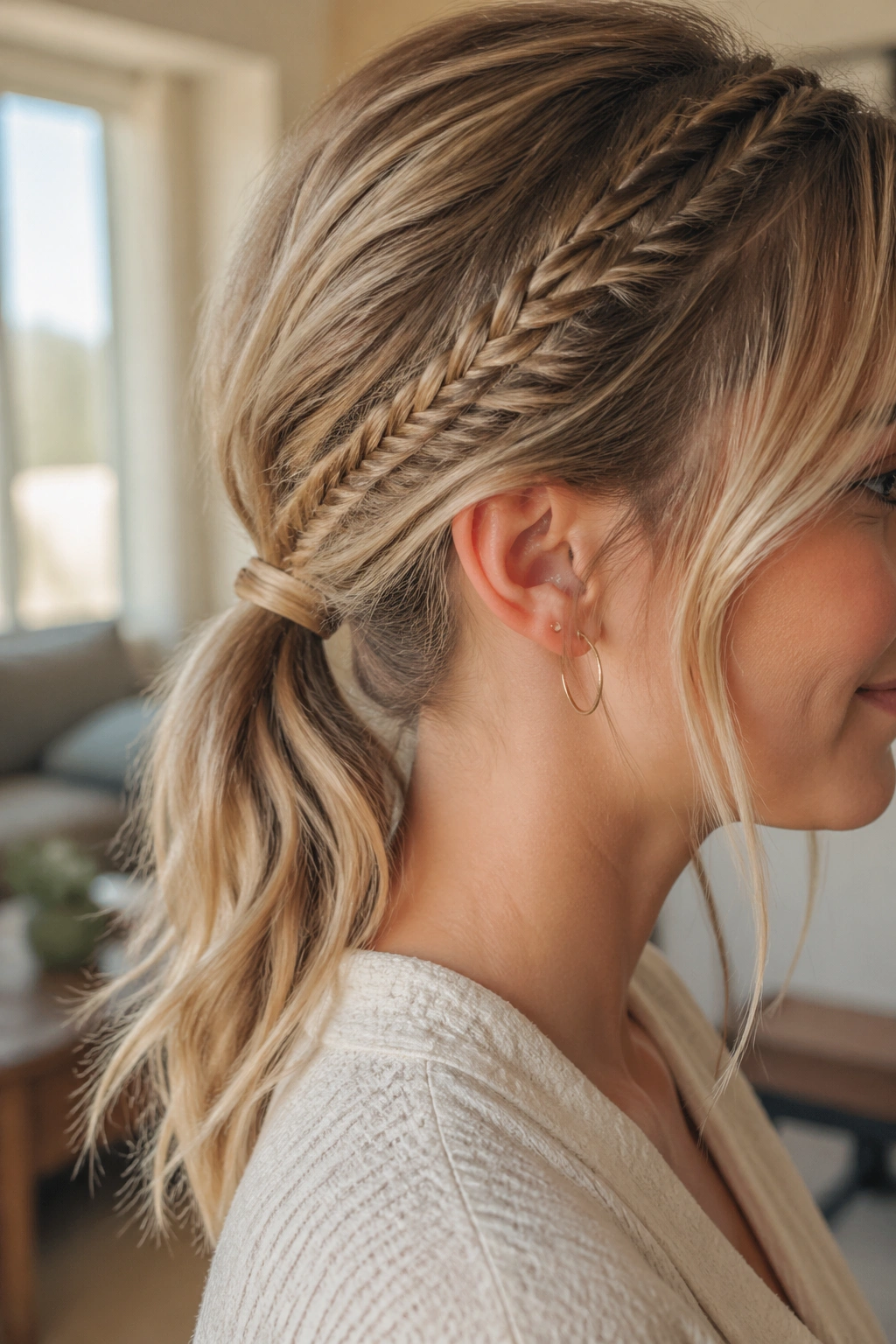Real-person portrait showing a small accent fishtail in a bigger style