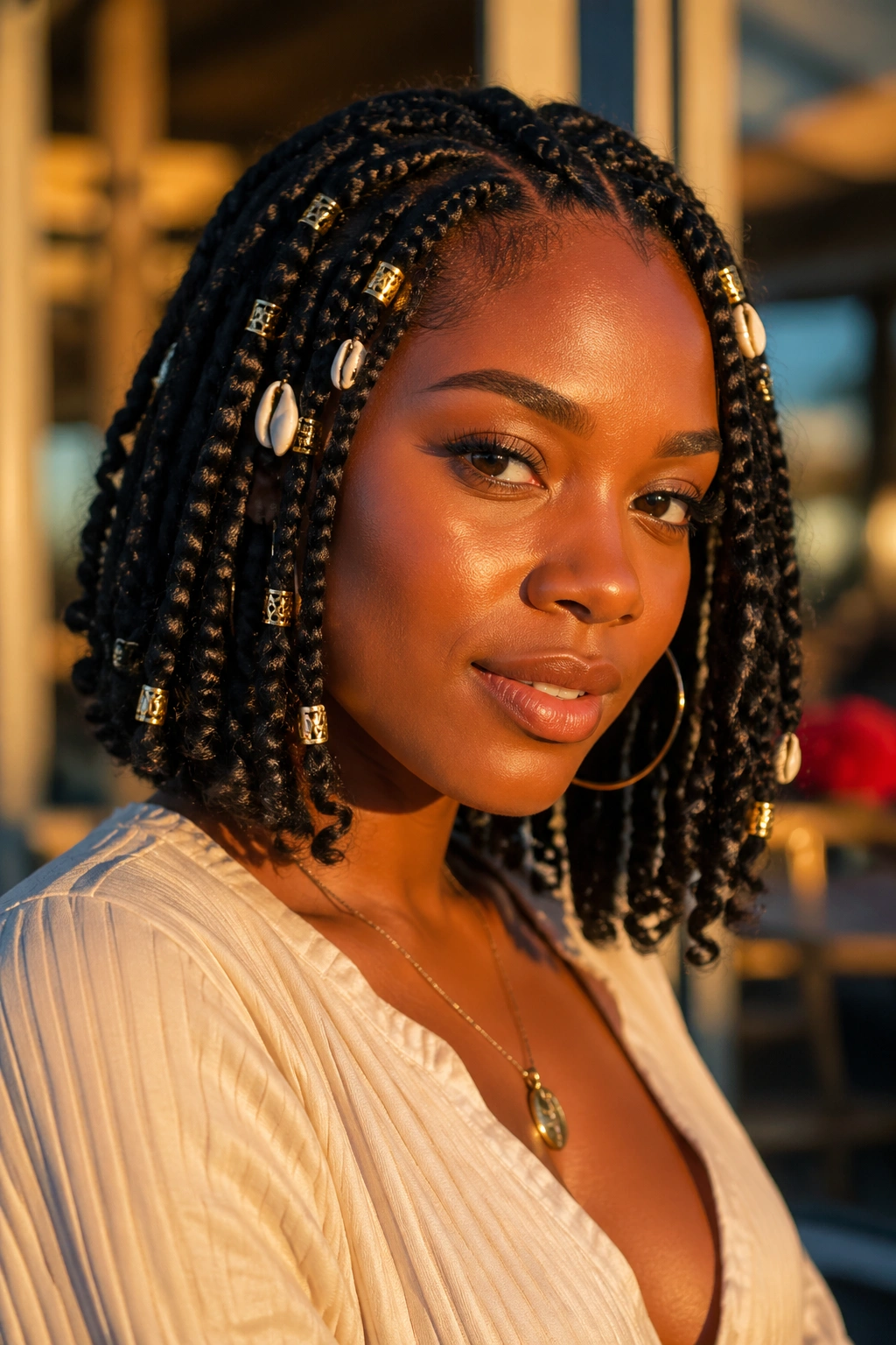Close-up of a real woman with accessorized short boho box braids featuring shells and cuffs