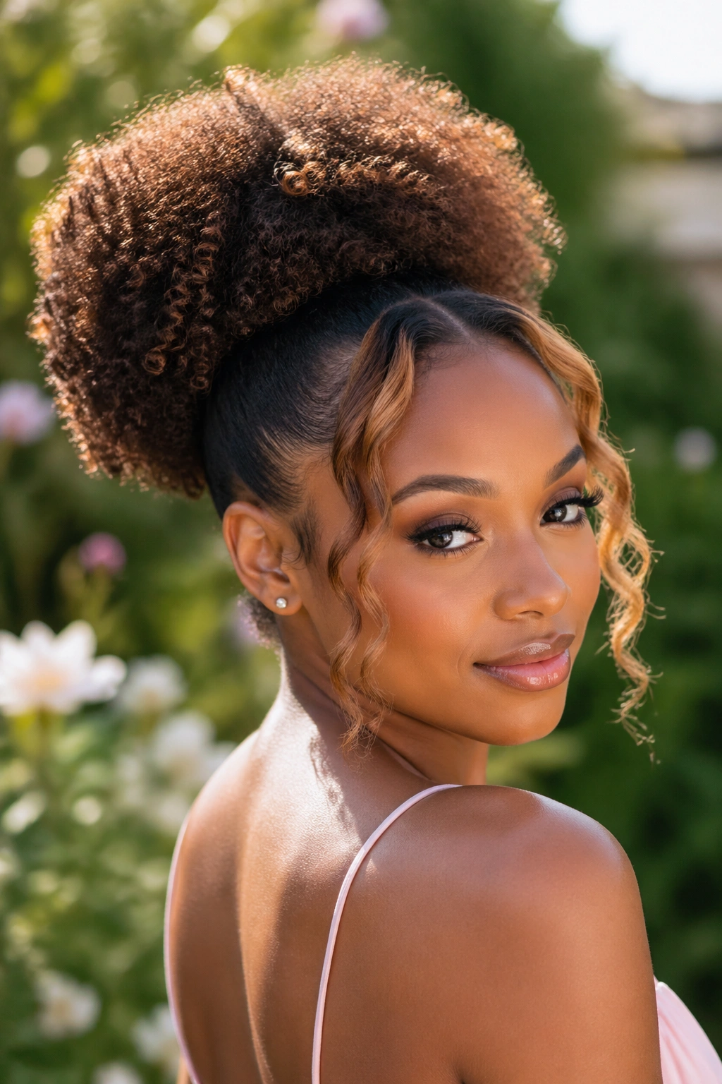 Real woman with a soft Afro puff and caramel face-framing pieces