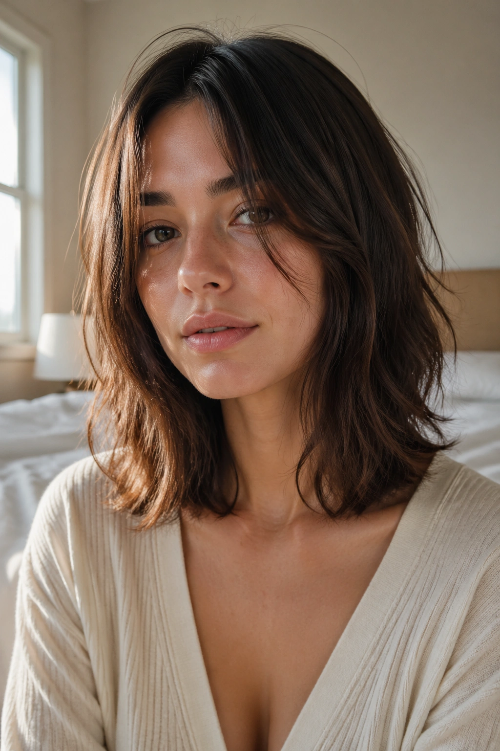 Close-up of a real person with an air-dried midi cut in a bright bedroom