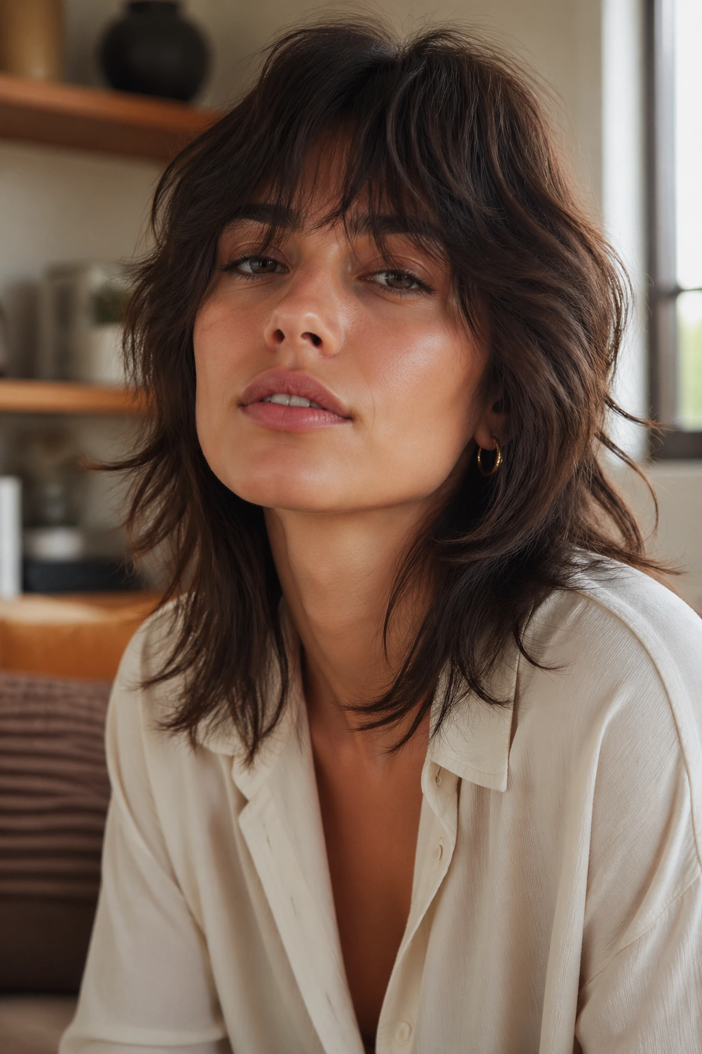 Close-up portrait of a real person with air-dried shag showing natural texture in window light