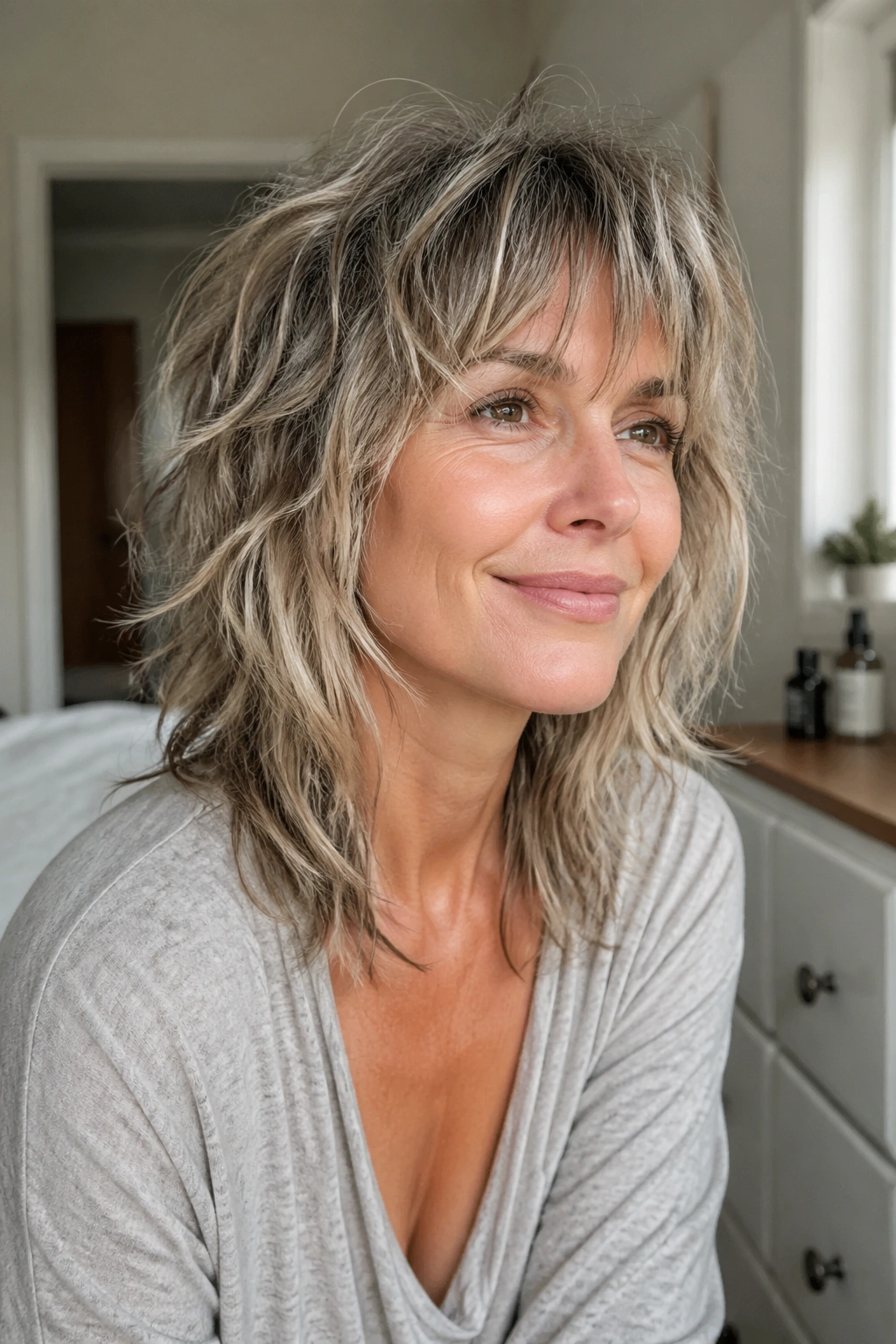 Portrait of a real woman with low-maintenance air-dried shag in morning light