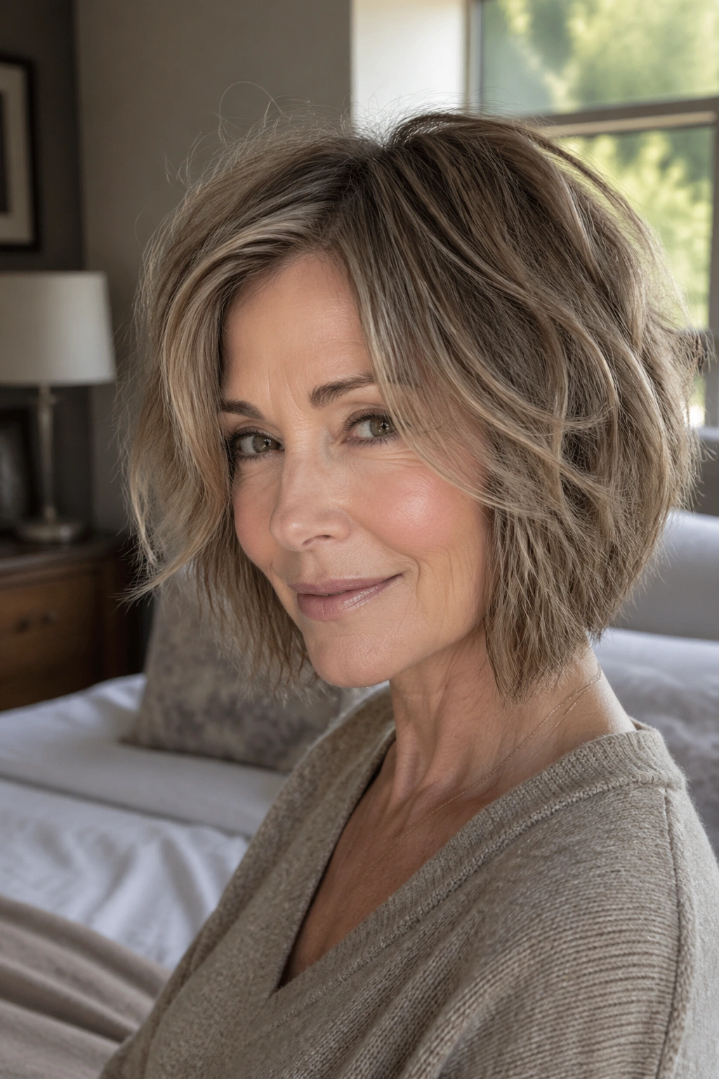 Close-up portrait of a real woman with an air-dried shaggy bob.
