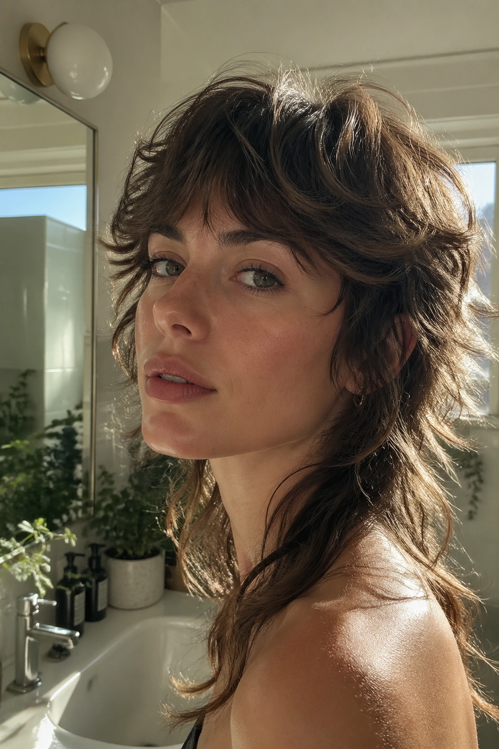 Close-up portrait of real person with natural air-dried waves mullet in a sunlit bathroom