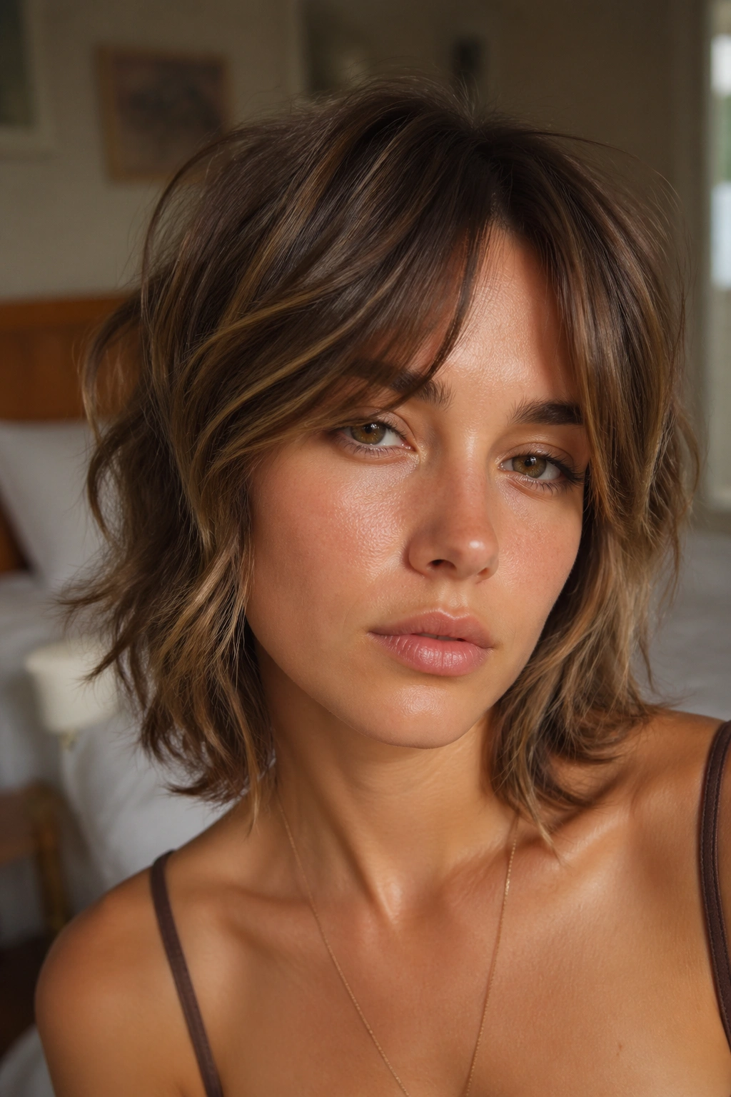 Close-up portrait of a woman with air-dried wave shag and center-split bangs