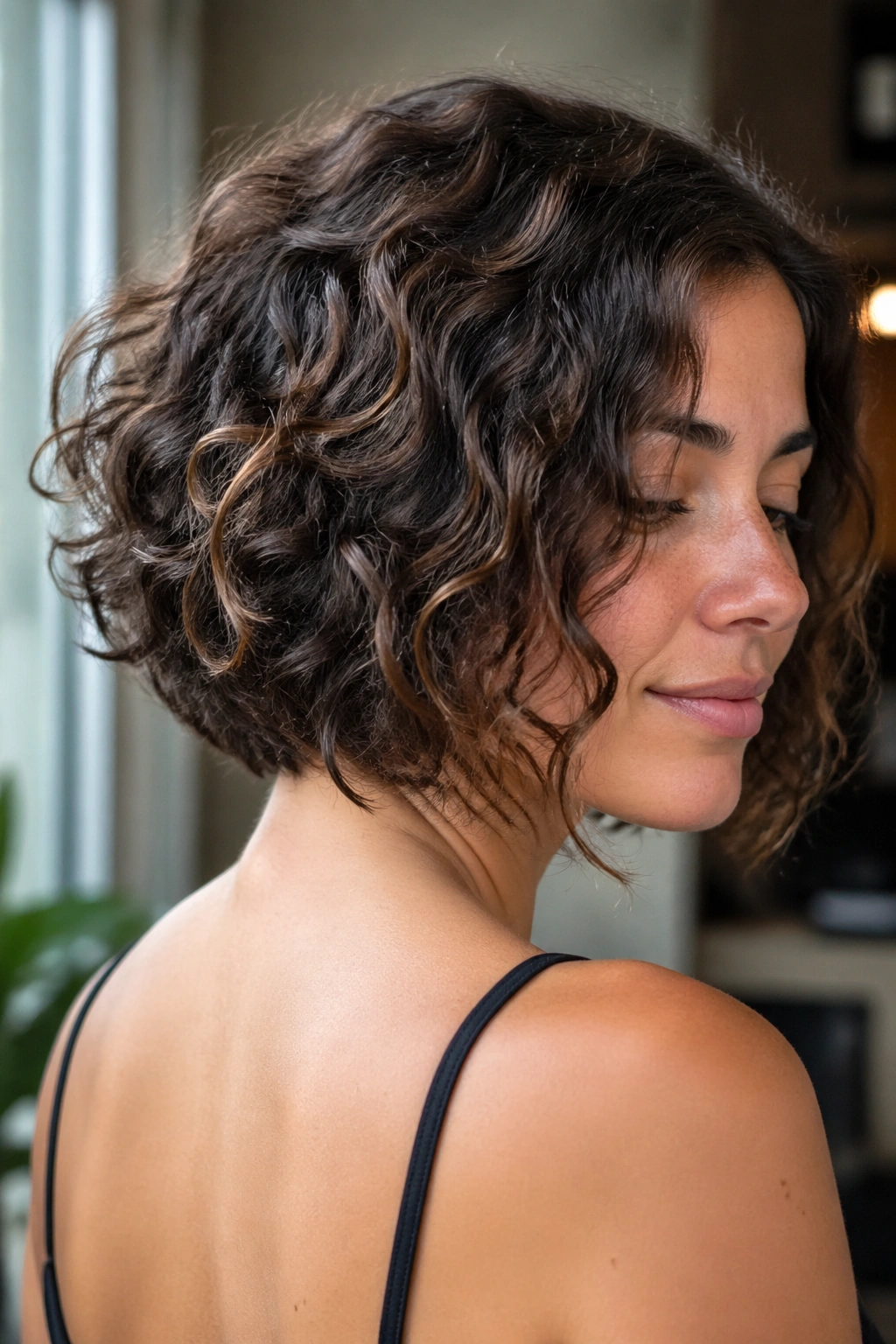 Close-up of a real woman with an air-dry curly inverted bob in a home setting.