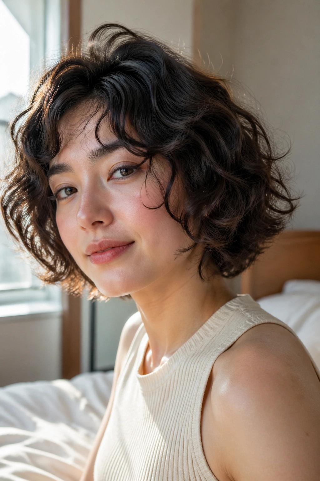 Close-up of a real person with soft, loose air-dry perm curls