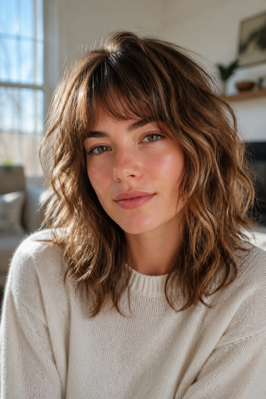 Close-up of a real person with an air-dry shag and face-framing layers.
