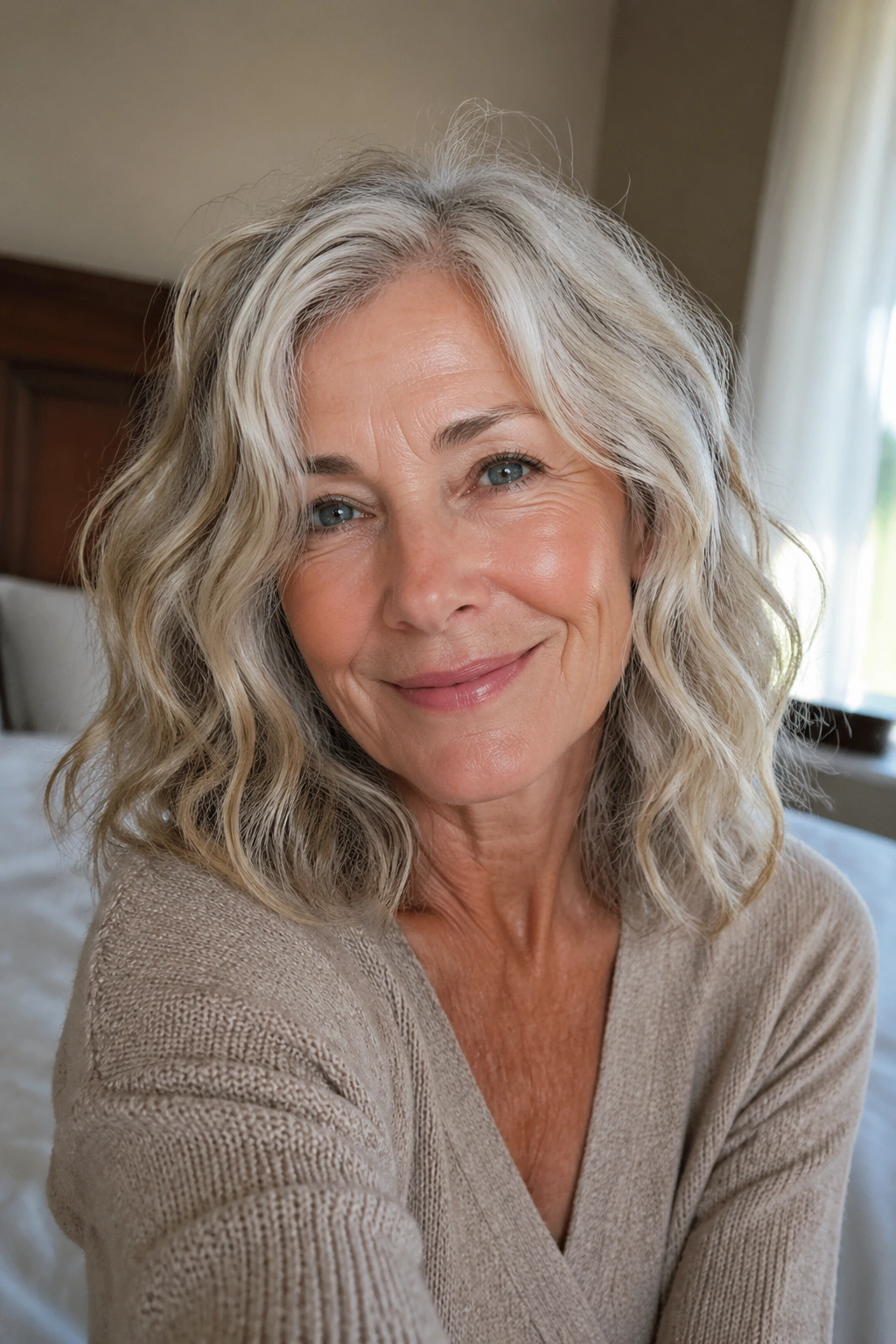 Real woman with shoulder-length low-maintenance air-dry waves in a sunlit bedroom
