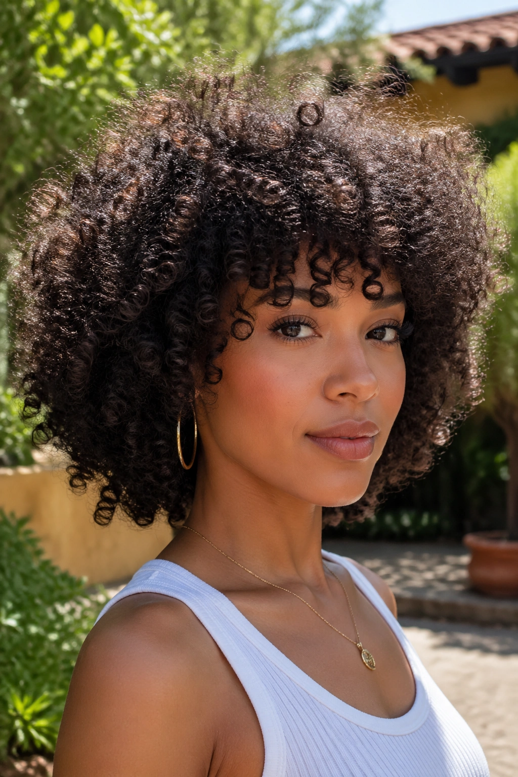 Close-up of a real person with airy afro shag and shaped bangs