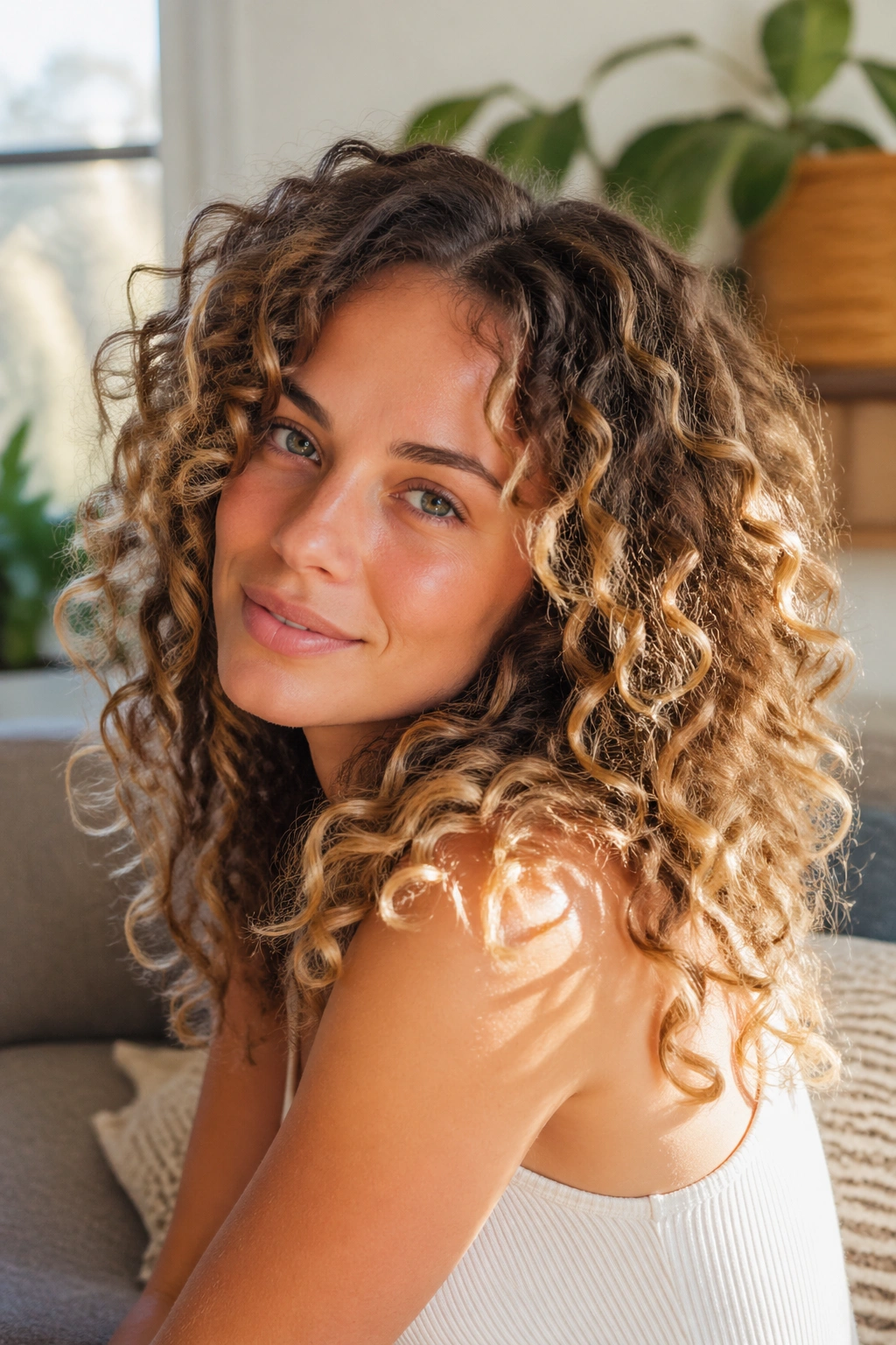 Real woman with curly hair featuring airy blonde highlights that follow curl texture.