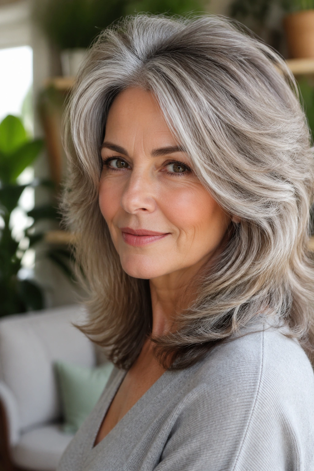 Close-up of a real woman with an airy layered cut on thick hair in a bright room.