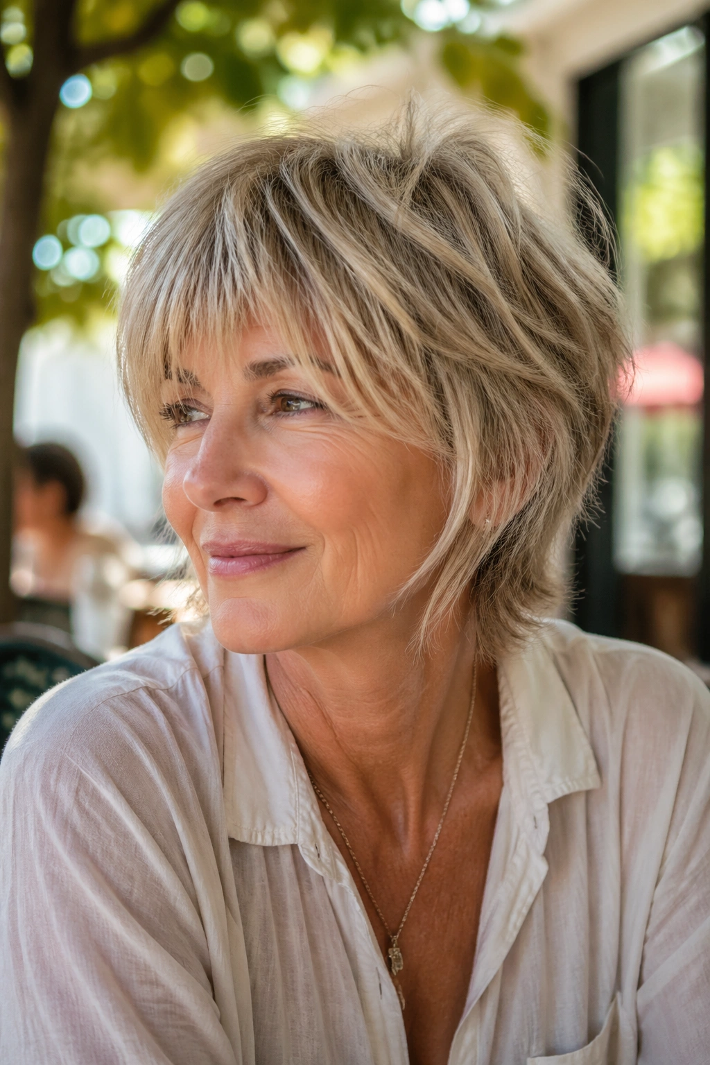 Close-up of a real woman with an airy razor-cut hairstyle in outdoor light