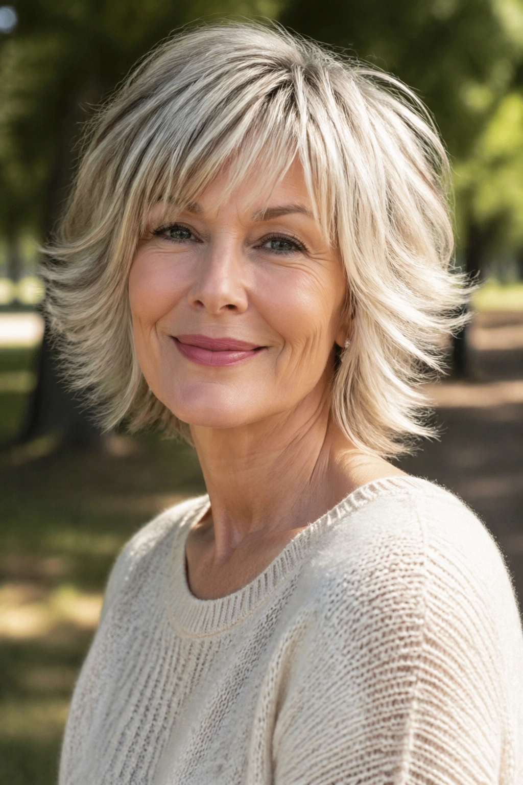 Close-up of real woman with airy shag and feathered sides in a park