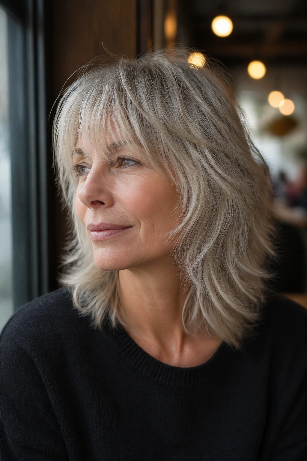 Portrait of a woman with airy shag and micro layers in daylight at a cafe
