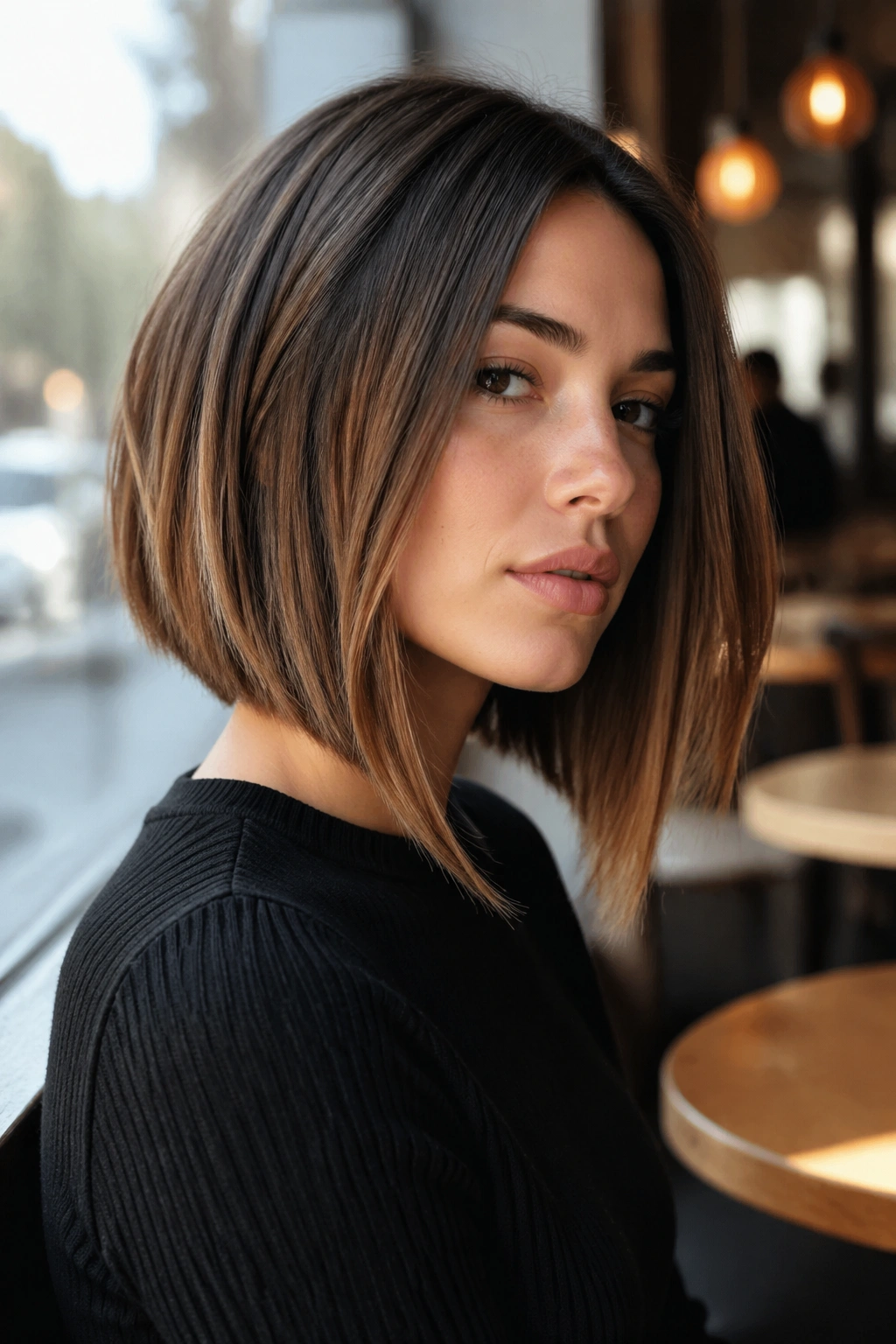 Close-up portrait of a real woman with an A-Line lob, shorter back and longer front.