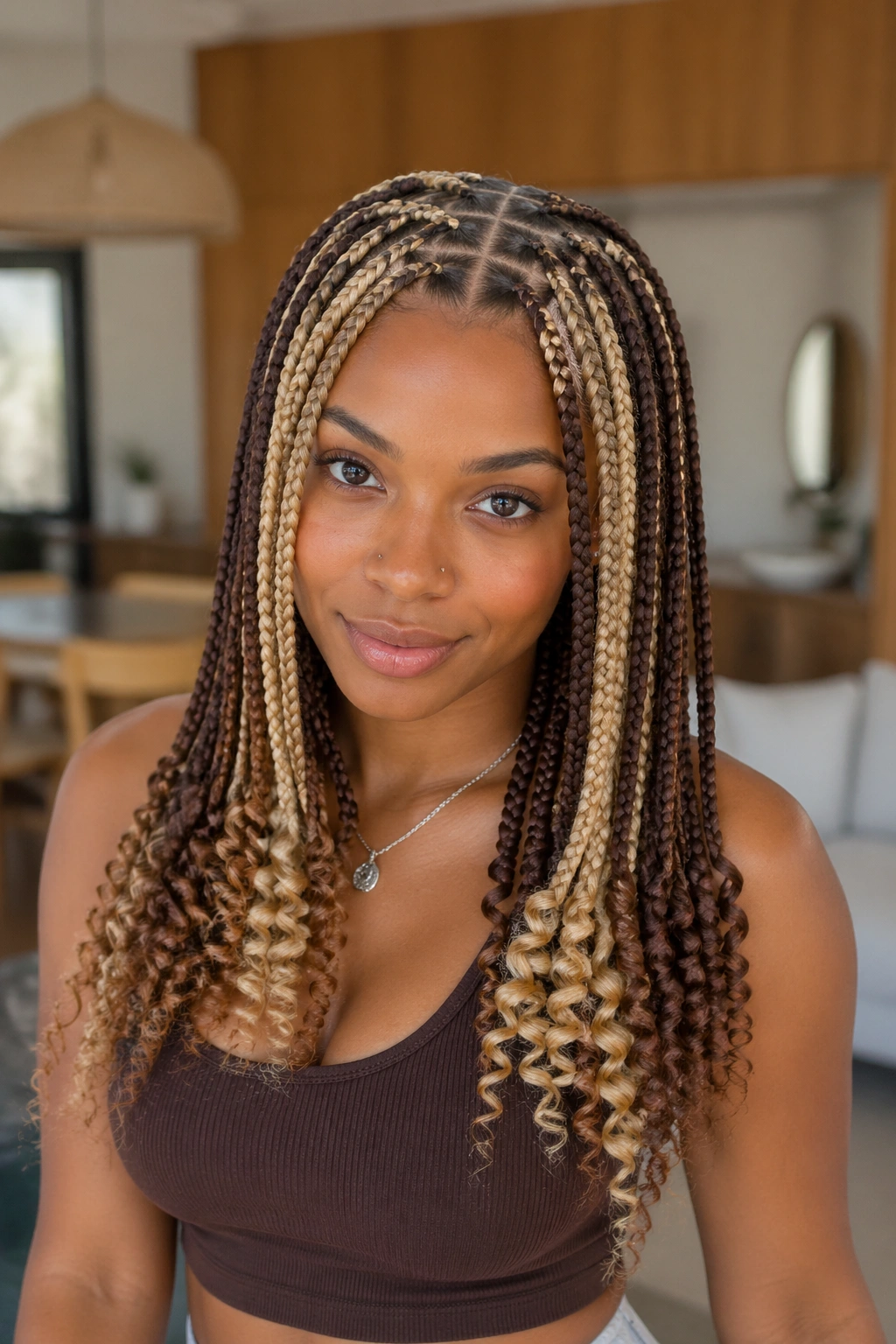 Real woman with alternating blonde and brown feed-in braids in a neat grid.