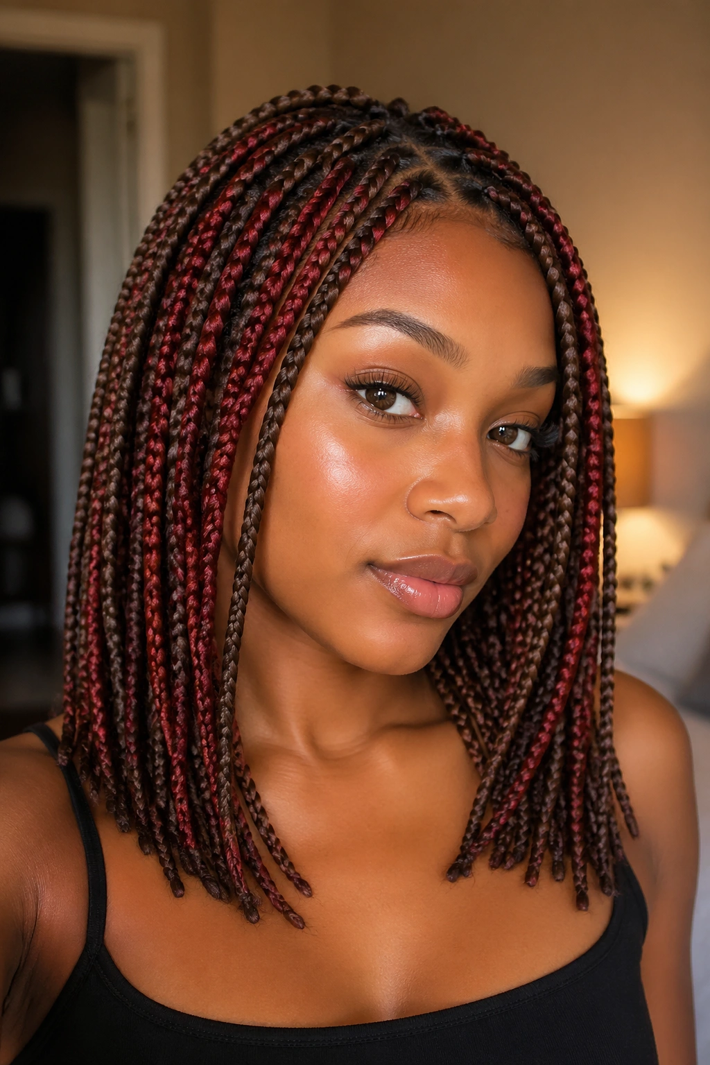 Close-up of a real woman with alternating brown and red knotless braids