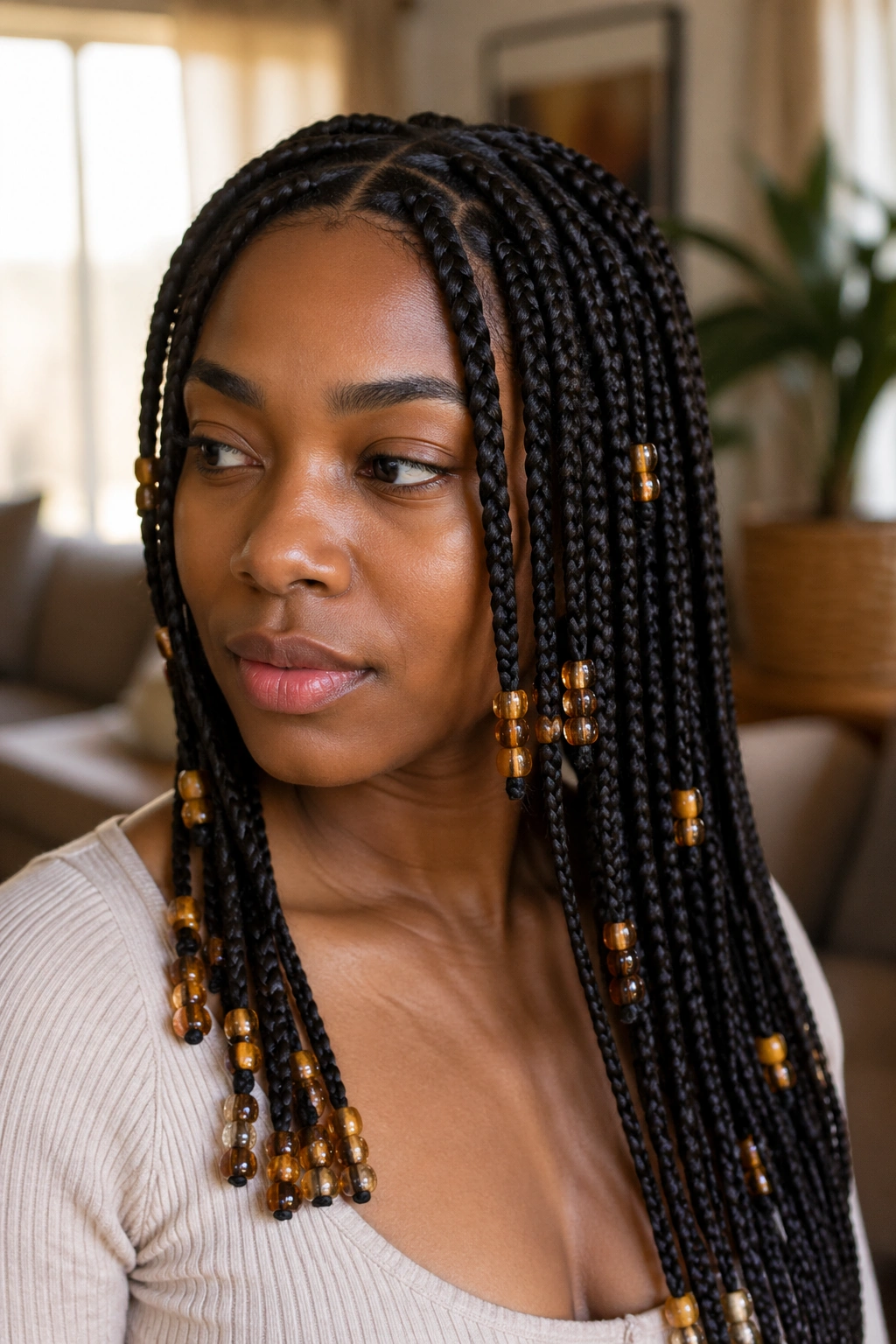 Close-up of amber and honey-toned beads on knotless box braids on a real person in a warm living room