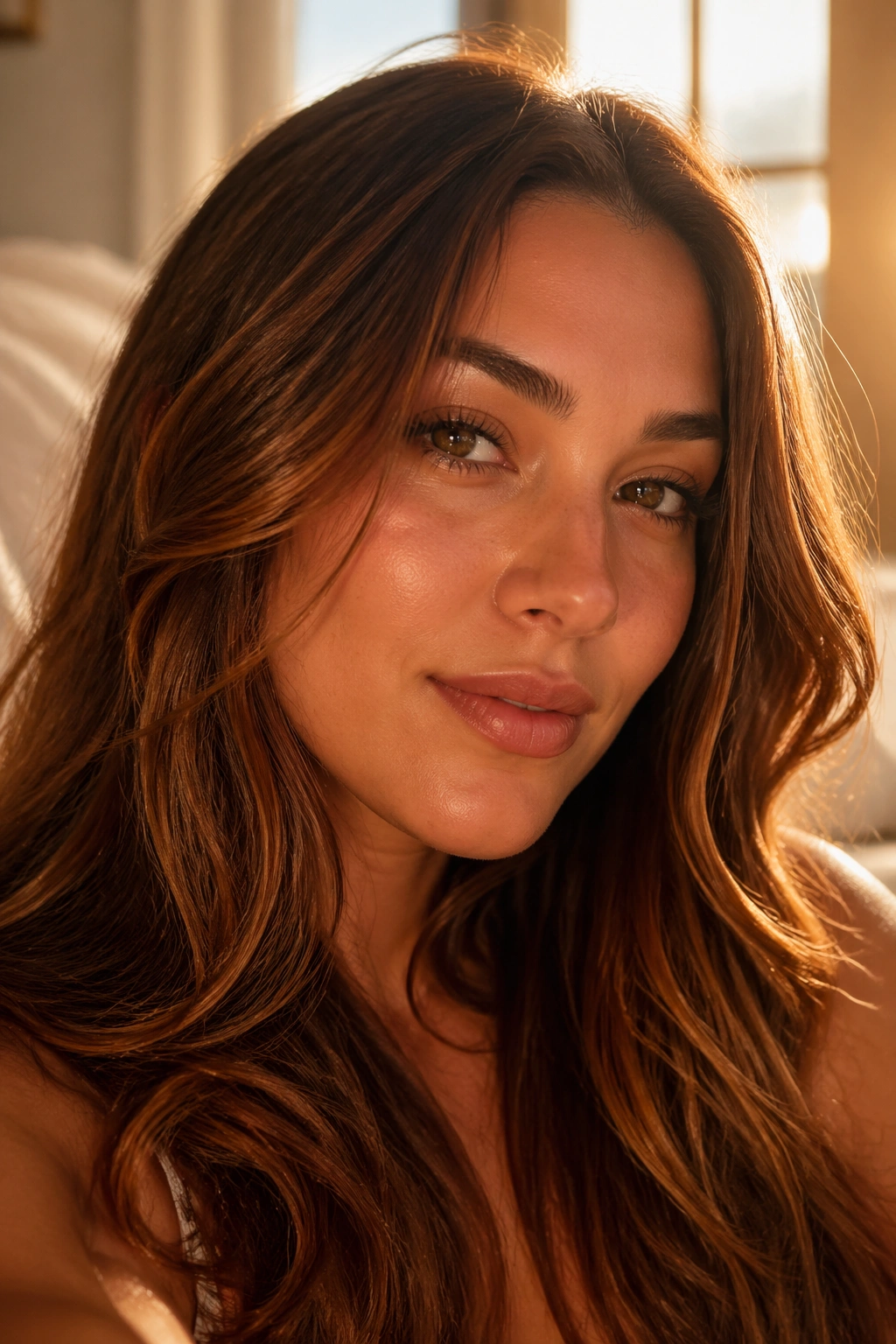 Close-up of a real woman with amber brown hair in soft waves in warm window light.