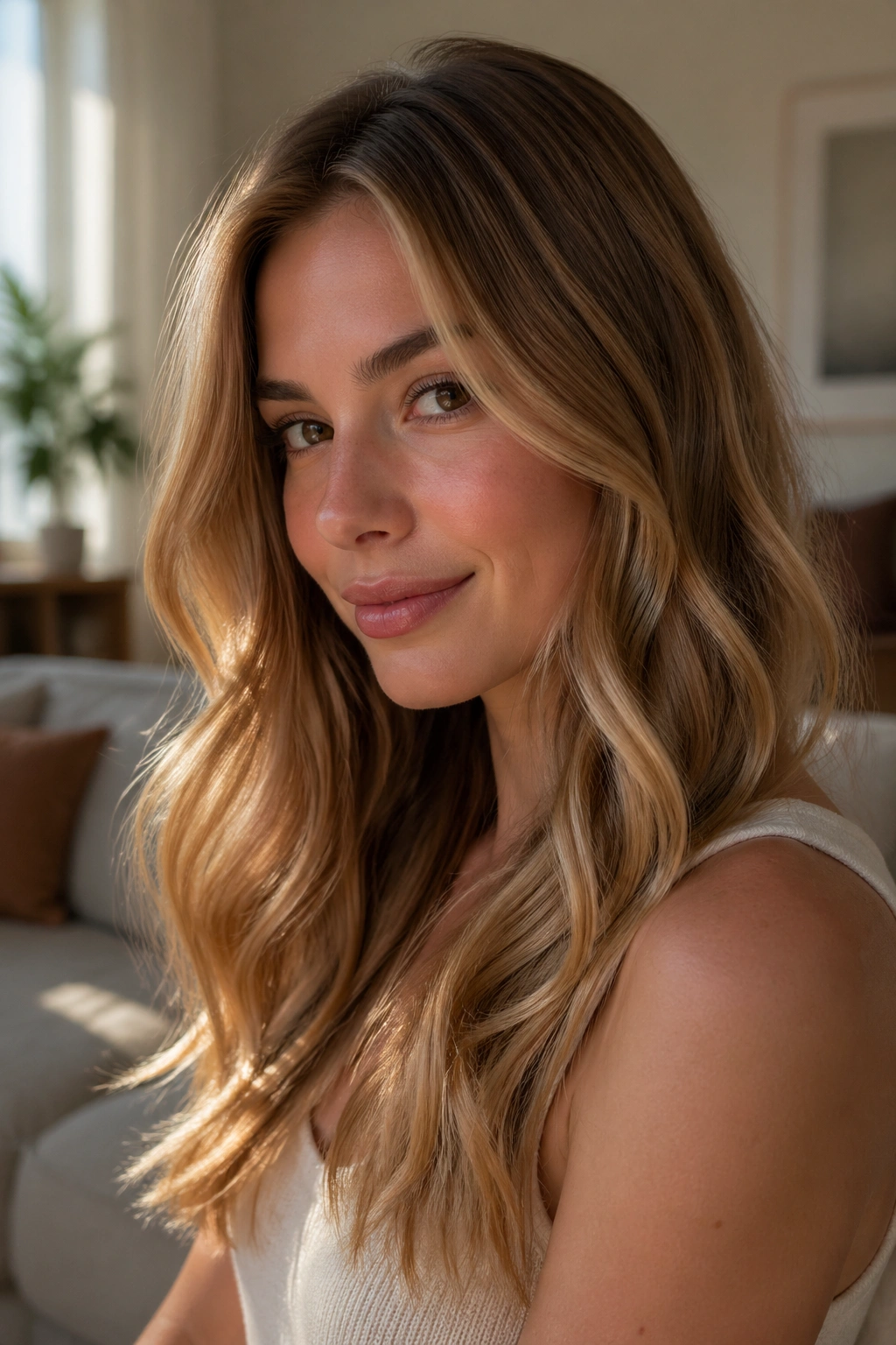 Close-up of a real woman with amber glossed blonde hair in warm window light.