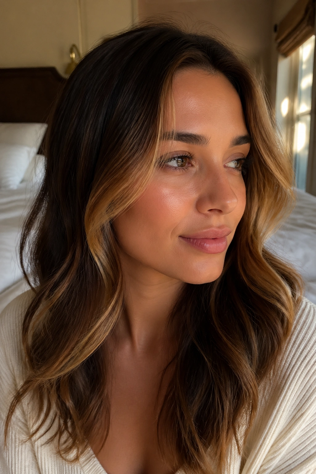 Close-up of a real woman with amber face-framing highlights around the face in warm light