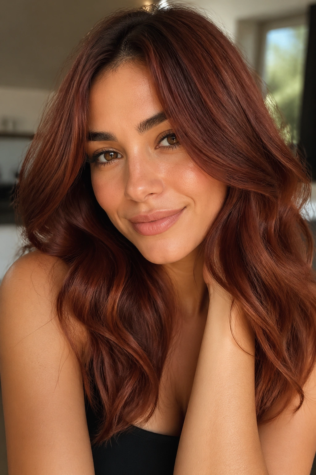 Close-up portrait of a real person with amber mahogany hair in warm natural window light