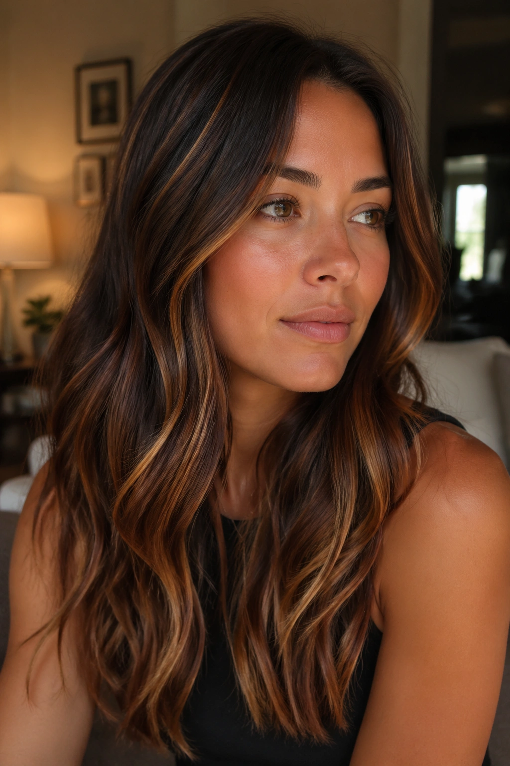 Real woman with amber ribbon highlights in brown hair