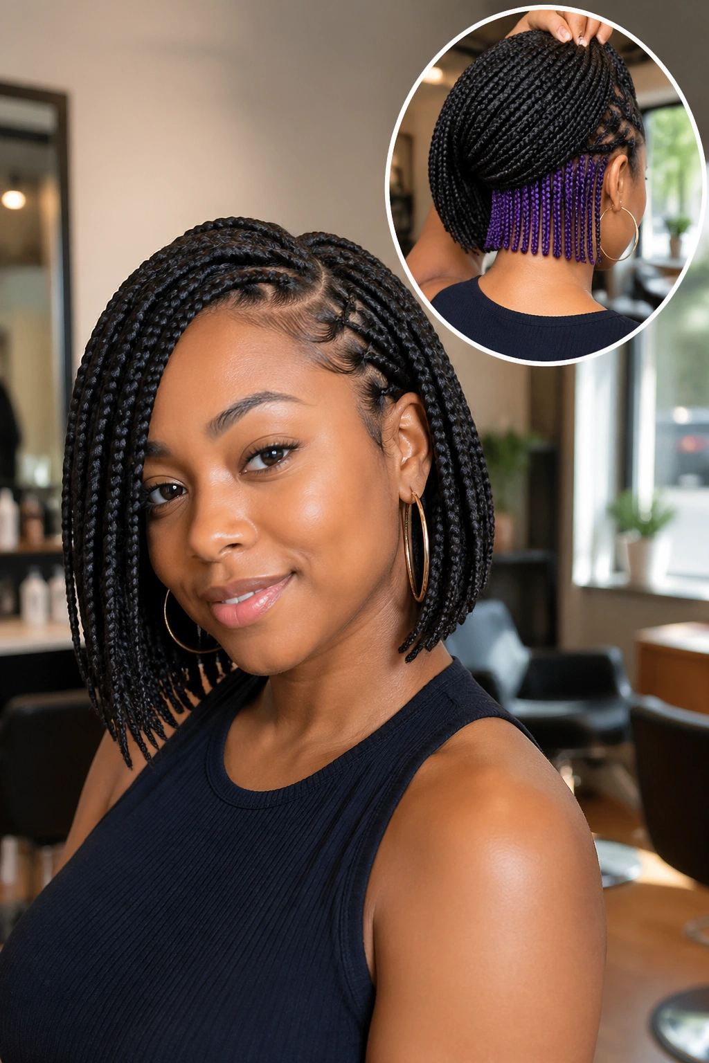 Close-up portrait of a real woman with a side-swept bob and amethyst nape panel, warm salon lighting.