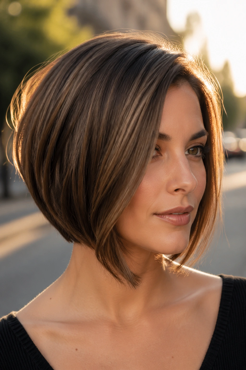 Real woman with an angled A-line bob; short back, longer front
